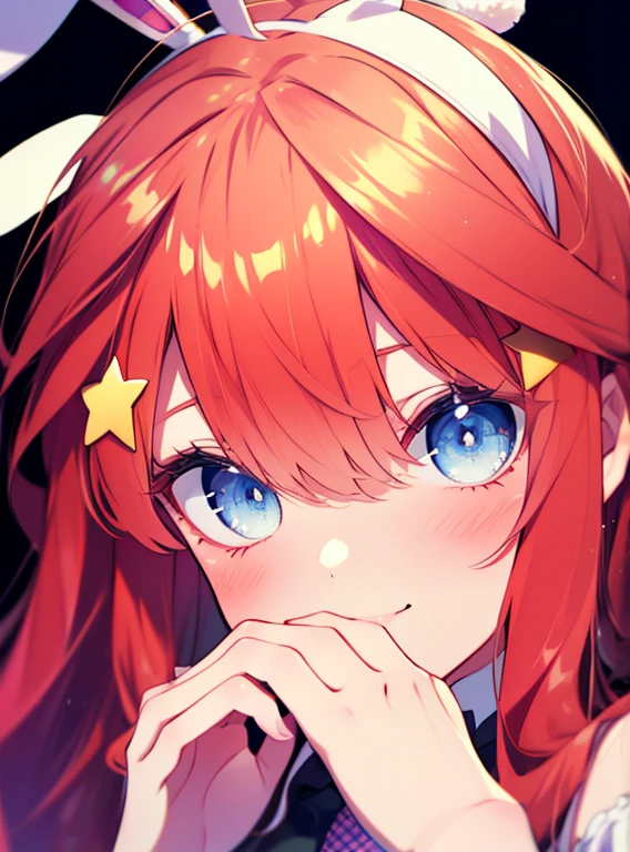 Satsuki Nakano, Itsuki Nakano, bangs, blue eyes, hair between eyes, Ahoge, redhead, star \(symbol\), hair ornaments, star hair ornaments,(Bunny girl:1.5),(Red Playboy Bunny:1.0),Red Rabbit Ear Headband,stage,Upper body,smile,blush,break (masterpiece:1.2), highest quality, High resolution, unity 8k wallpaper, (shape:0.8), (beautiful and detailed eyes:1.6), highly detailed face, perfect lighting, Very detailed CG, (perfect hands, perfect anatomy),