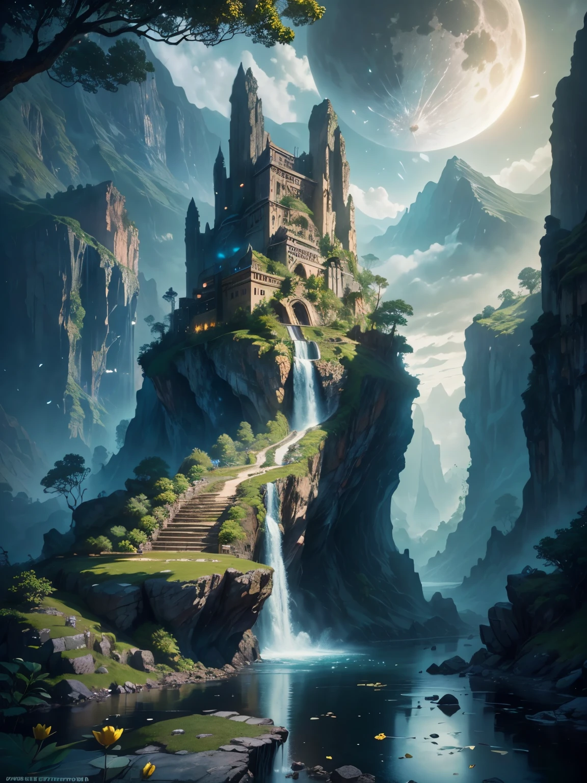 there is a large waterfall in the middle of a mountain, ancient city, epic matte painting of an island, the lost city of atlantis, an aztec city in a island lake, ancient city landscape, lost city of atlantis, marc simonetti. intricate, beautiful concept art, stunning concept art, highly realistic concept art, art style of marc simonetti, (((masterpiece))), best quality, high quality, extremely detailed CG unity 8k wallpaper, scenery, outdoors, sky, cloud, no people, mountain, landscape, water, tree, blue sky, waterfall, cliff, nature, lake, river, cloudy sky,award winning photography, Bokeh, Depth of Field, HDR, bloom, Chromatic Aberration ,Photorealistic,extremely detailed, trending on artstation, trending on CGsociety, Intricate, High Detail, dramatic, art by midjourney, tall waterfall, painting of a river with rocks and trees in the foreground, near a river, landscape, jungle, waterfall, crystal clear water, night light,((full moon)), colorful, river with rocks, rock bridge, epic, fantasy, ((roses and flowers on the banks of the pond)), ((oil painting)), moon landscape reflected in river, ((rock bridge))