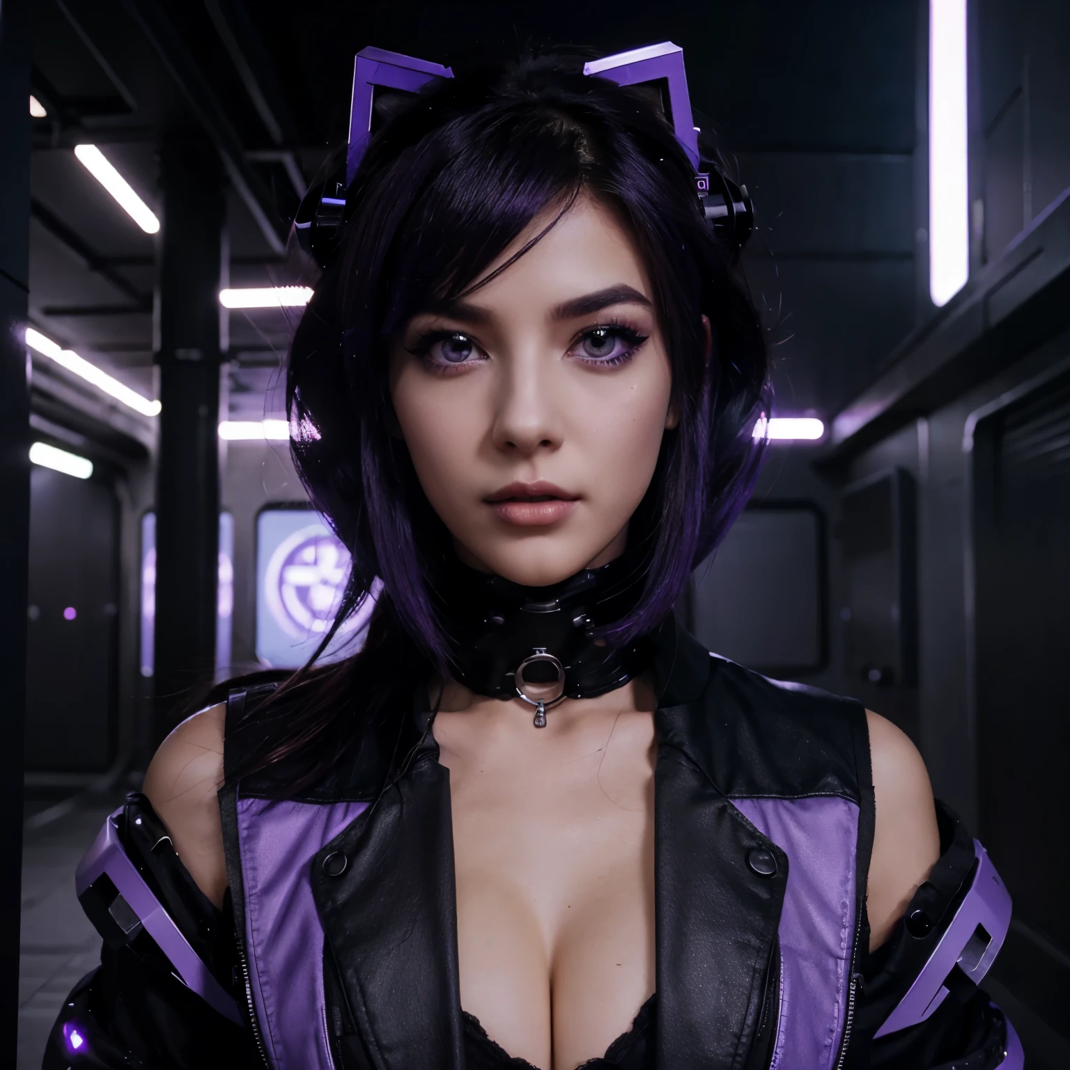 Cyber punk princess with purple eyes dark hair