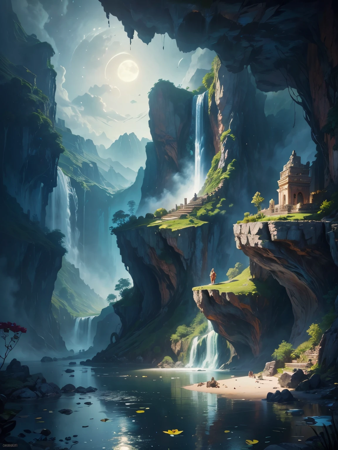 there is a large waterfall in the middle of a mountain, ancient city, epic matte painting of an island, the lost city of atlantis, an aztec city in a island lake, ancient city landscape, lost city of atlantis, marc simonetti. intricate, beautiful concept art, stunning concept art, highly realistic concept art, art style of marc simonetti, (((masterpiece))), best quality, high quality, extremely detailed CG unity 8k wallpaper, scenery, outdoors, sky, cloud, no people, mountain, landscape, water, tree, blue sky, waterfall, cliff, nature, lake, river, cloudy sky,award winning photography, Bokeh, Depth of Field, HDR, bloom, Chromatic Aberration ,Photorealistic,extremely detailed, trending on artstation, trending on CGsociety, Intricate, High Detail, dramatic, art by midjourney, tall waterfall, painting of a river with rocks and trees in the foreground, near a river, landscape, jungle, waterfall, crystal clear water, night light,((full moon)), colorful, river with rocks, rock bridge, epic, fantasy, ((roses and flowers on the banks of the pond)), ((oil painting)), moon landscape reflected in river, ((rock bridge))