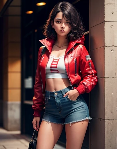 teenager 15 years old. Buen cuerpo. Vestida de falda y botas. Top rojo y chaqueta de cuero rockera sexy.