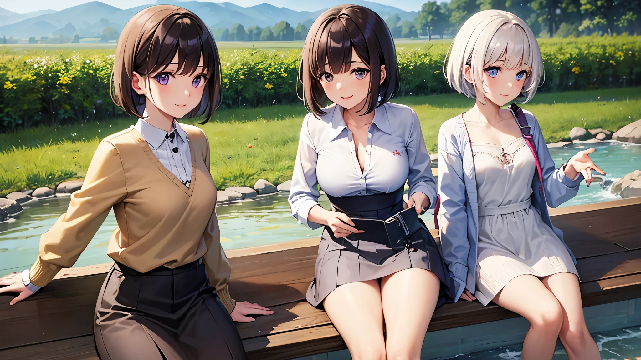 very cute girl、dark brown hair、bob cut、short hair、Violet eyes、smile、The shape of the nipple appears a little、Crystal clear white skin、white blouse、yellow cardigan、gray skirt、Light、grassland、river、
