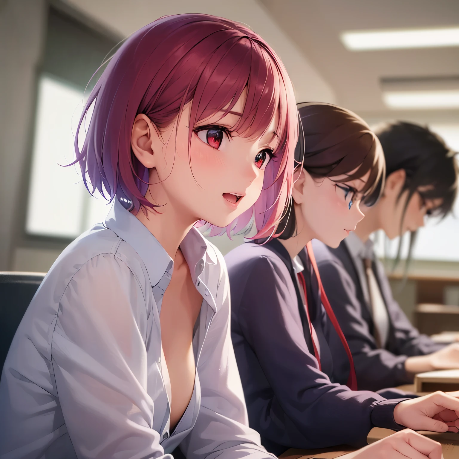 (looking away:1.5), side angle、Realistic, real person, RAW photo, photorealistic, portrait photography, shiny skin, japanese idol, 25 year old woman、(bob cut hair) and (red hair) and (red eyes:1.3), wearing a white collarless blouse、smile, open mouth, blush, The background is a conference room、sitting、You are in a meeting、Alone、