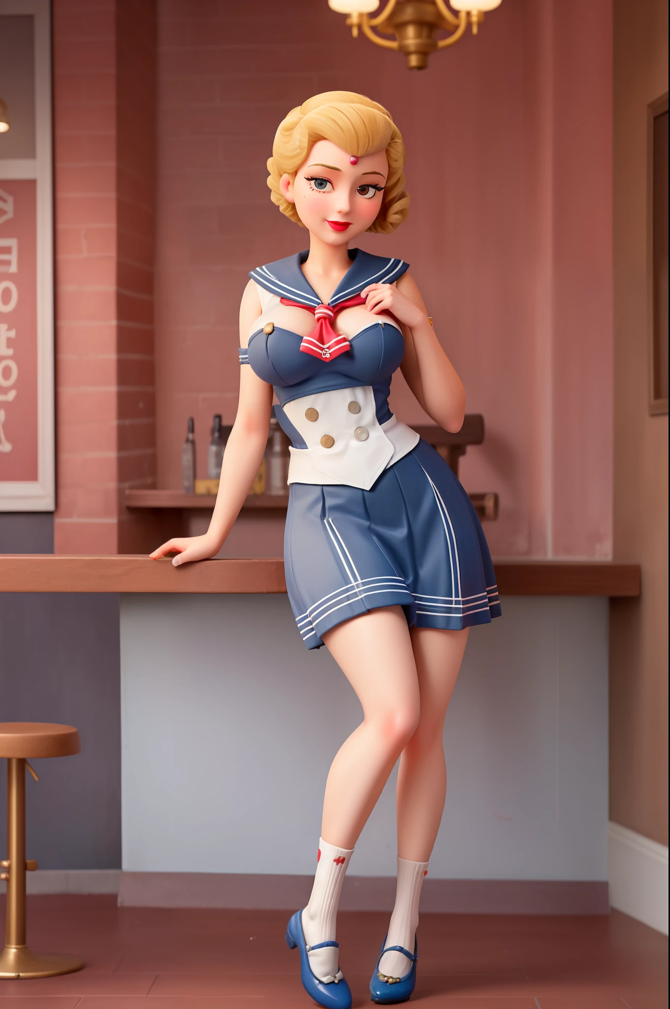 full body portrait of Betty (styled in a (1940's Sailor Dress:1.5), (highly detailed:1.3):1.3), (highly detailed face:1.8), (1940's Pompadour Hairstyle:1.3),  (slim body, (large breasts:1.3), small hips:1.5), (leaning back on the bar:1.5), (background sidewalk downtown New York City 1940:1.4), (soft studio lighting, volumetric shadows), JCH Street Pan, ISO 100