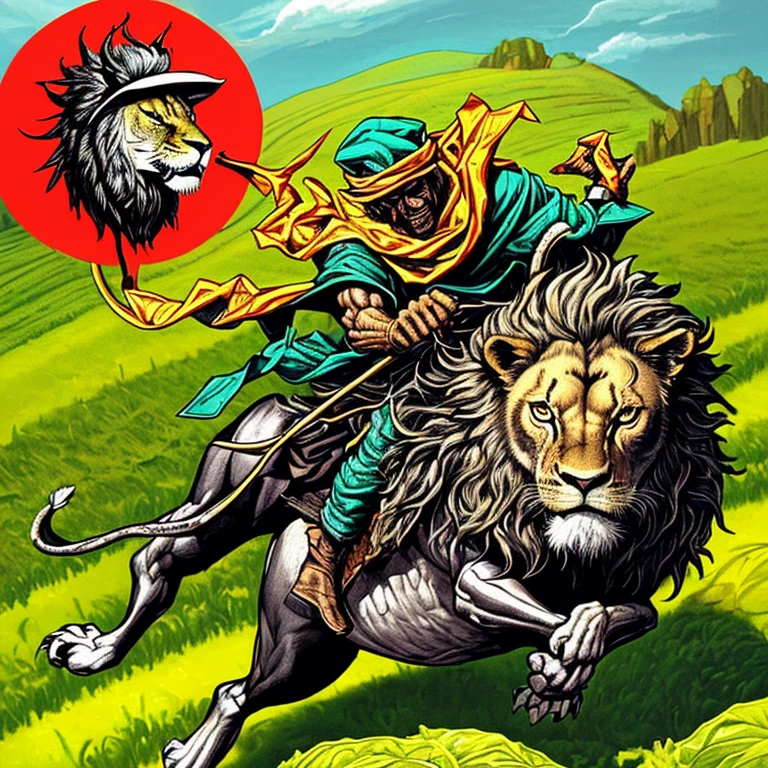 Homem Bruxo com gorro e sapato feito com pele de cobra, Riding a Lion, in a lettuce field. 