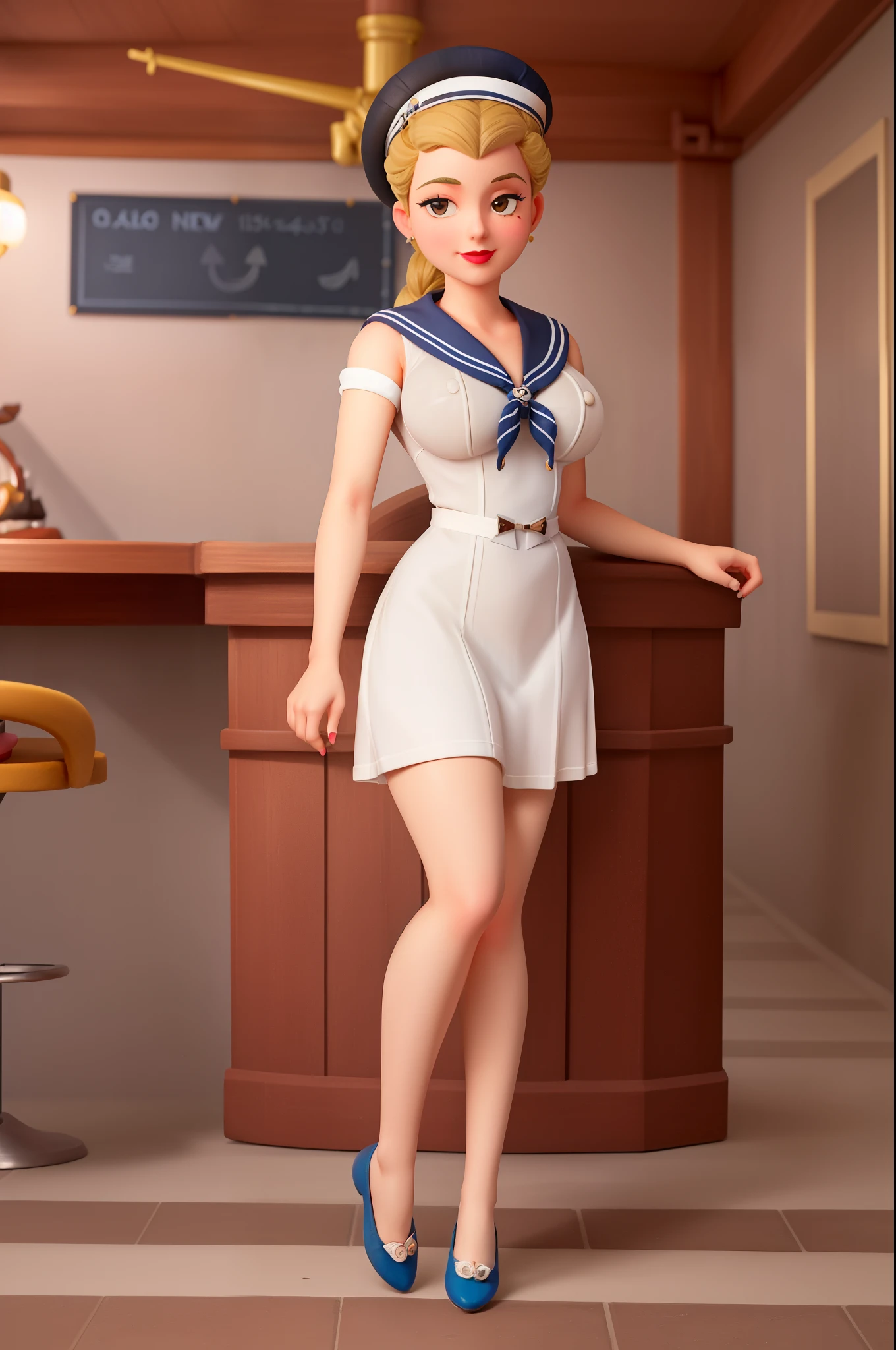 full body portrait of Betty (styled in a (1940's Sailor Dress:1.5), (highly detailed:1.3):1.3), (highly detailed face:1.8), (1940's Pompadour Hairstyle:1.3),  (slim body, (large breasts:1.3), small hips:1.5), (leaning back on the bar:1.5), (background sidewalk downtown New York City 1940:1.4), (soft studio lighting, volumetric shadows), JCH Street Pan, ISO 100