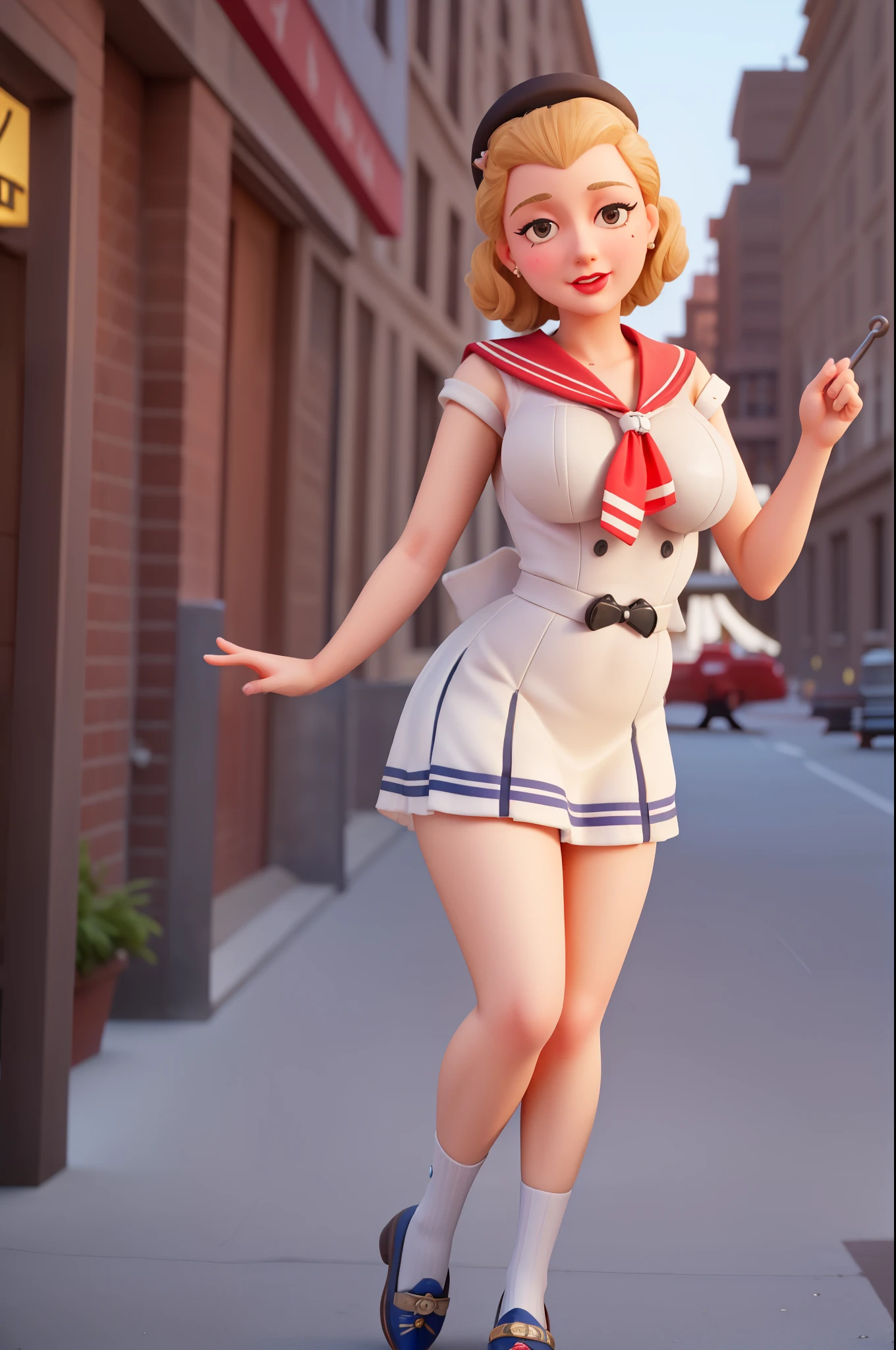 full body portrait of Betty (styled in a (1940's Sailor Dress:1.5), (highly detailed:1.3):1.3), (highly detailed face:1.8), (1940's Pompadour Hairstyle:1.3), (slim body, (large breasts:1.3), small hips:1.5), (leaning back on the bar:1.5), (background sidewalk downtown New York City 1940:1.4), (soft studio lighting, volumetric shadows), JCH Street Pan, ISO 100
