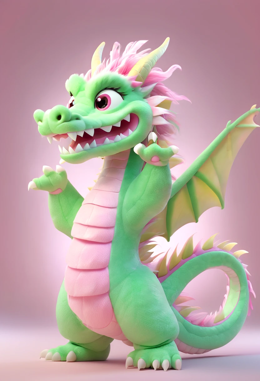 Pixar animation style, a pink green Chinese dragon, made of cotton candy material, with a happy expression. The background of the ID photo is pink, with a half side composition. Standing, the whole body is centered, hard light, strong light sense, c4d, 8k, high-definition quality 