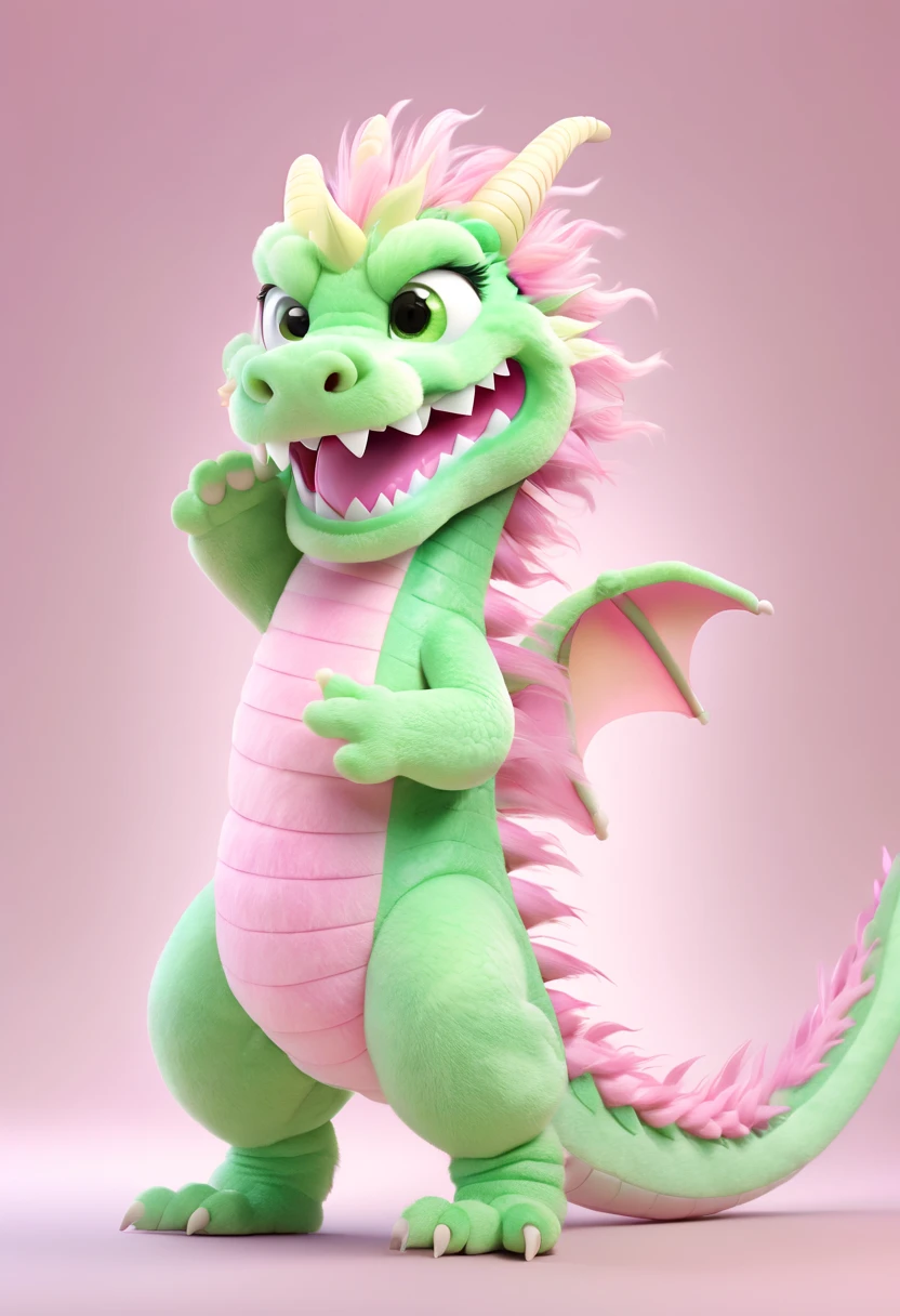 Pixar animation style, a pink green Chinese dragon, made of cotton candy material, with a happy expression. The background of the ID photo is pink, with a half side composition. Standing, the whole body is centered, hard light, strong light sense, c4d, 8k, high-definition quality 