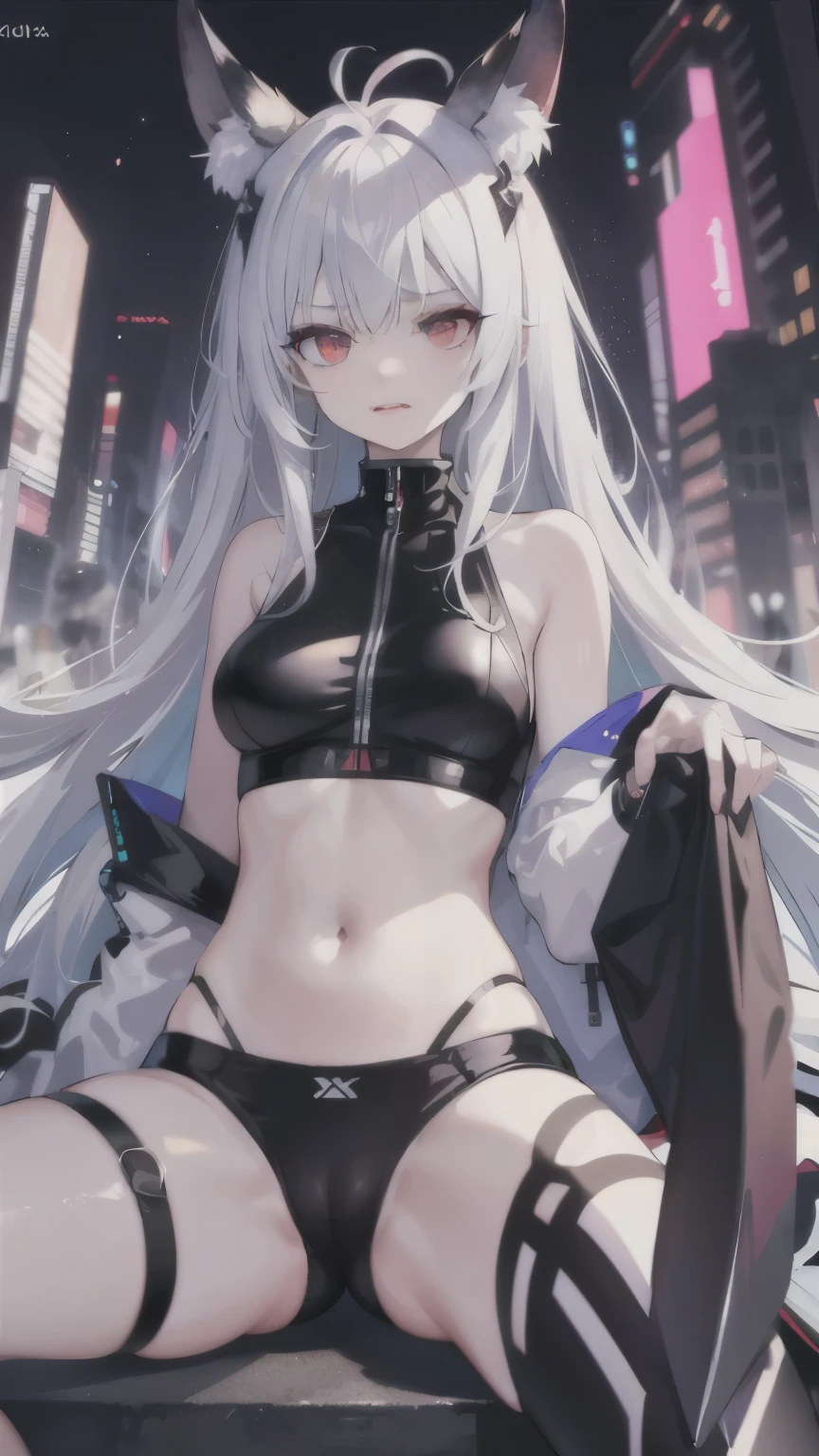 pale skin，dark风，long white hair，black eye shadow，red eyes，Abstinence，dark，antenna，succubus，Open the legs，angry，Battle damage，Broken clothes，Transparent underwear，camel toe，sitting，hot pants，Mecha，front view