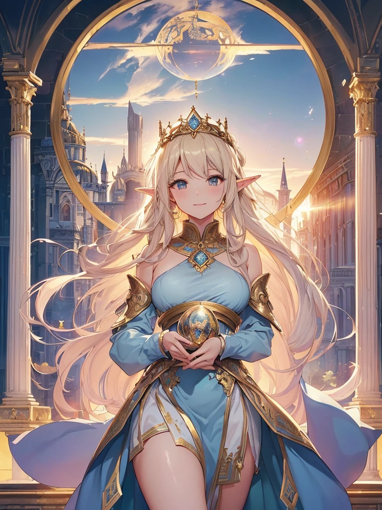 highest quality、Highest image quality、masterpiece、Super beautiful elf beauty with a beautiful back view((22 years old OL big bust、bust 90,beautiful long ironed hair、blonde、、slender、Close-up、Esbian、beautiful tiara、High quality、beautiful art、background((clear sky)))muste piece、visual art、Depth of bounds written、low angle of morning sky、、elf ears、、magic of light、space knight、harp melody🎵、A happy smile、gentle light、、Beautiful legs that are gentle on the skin、、、Number of fingers to achieve precise finger movements、back view ticker beautiful decorative、elegant、mystical rosa、 heaven、marble columns, beautiful dressy、beautiful dress、magnificent marble dome、、temple of time、great watch、hourglass、sundial、myth、alphonse mucha art、art nouveau、ancient greece、Rome、byzantine art、gold foil、Raphael's paintings、renaissance art、Lord of the Ring、Final Fantasy、magnificent town、friendly smile、、Magnificent Temple、Hagia sophia、東Rome、Constantinople、magnificent city、palace