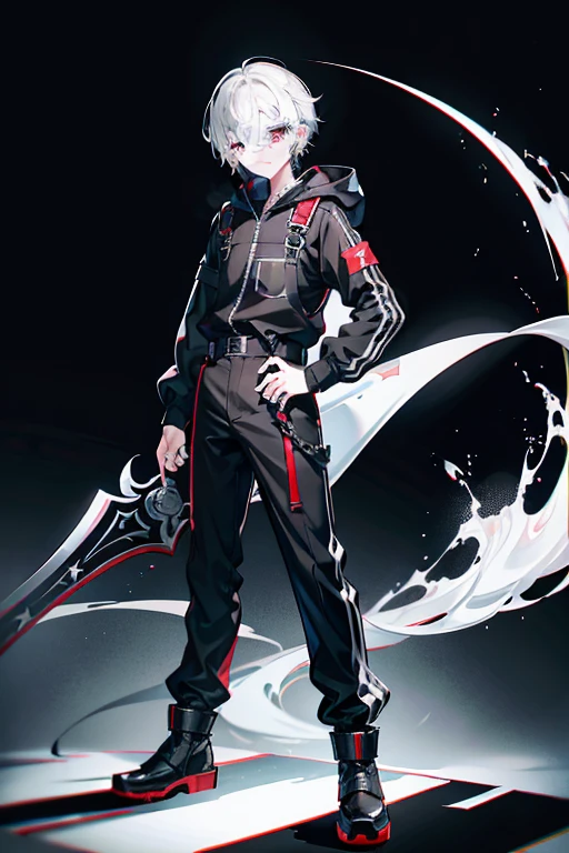 Japanese manga characters，12 year old boy，Two-dimensional image，panoramic，full body portrait，white skin，white skin，battle scene，White hair，black pupils，Pure black eyes，Silver-toned stud earrings，exhibit，cross，bandage，手上有bandage，Short hair details，Handsome，????? boy，Highest image quality，night，night，，male，Hooded，overalls，Martin boots，black highlights，long sword，cross，cross，night view，Black overalls，black trouser suit，ribbon，windbreaker