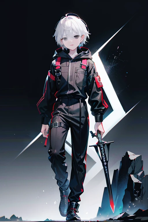 Japanese manga characters， boy，Two-dimensional image，panoramic，full body portrait，white skin，white skin，battle scene，White hair，black pupils，Pure black eyes，Silver-toned stud earrings，exhibit，cross，bandage，手上有bandage，Short hair details，Handsome，horny boy，Highest image quality，night，night，，male，Hooded，overalls，Martin boots，black highlights，long sword，cross，cross，night view，Black overalls，black trouser suit，ribbon，windbreaker