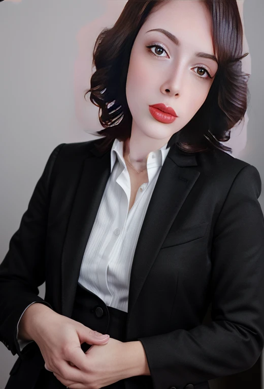 A sleekly dressed (((professional woman))) poised confidently during a (((Fujifilm XT3 full-body photoshoot))), under a modern, minimalist backdrop with a soft focus filter adding a natural touch, reflecting a sense of sophistication. Her proportions and posture are precise, exuding clarity and authority, with an identical face structure, giving off a realistic and coherent (LinkedIn profile/resume picture) vibe. A professional woman facing the camera during a (((Fujixt3 full-body photoshoot))), dressed in a sleek, (((professional female black suit with a crisp, cotton white undershirt))), with a soft focus filter adding a natural air of sophistication, set against a modern, minimalist light gray backdrop. Her posture is proportional and precise, exuding confidence and clarity, same exact face features. standing pose. proportional and accurate head to body ratio, making for a (((realistic and coherent LinkedIn profile picture/resume picture))).