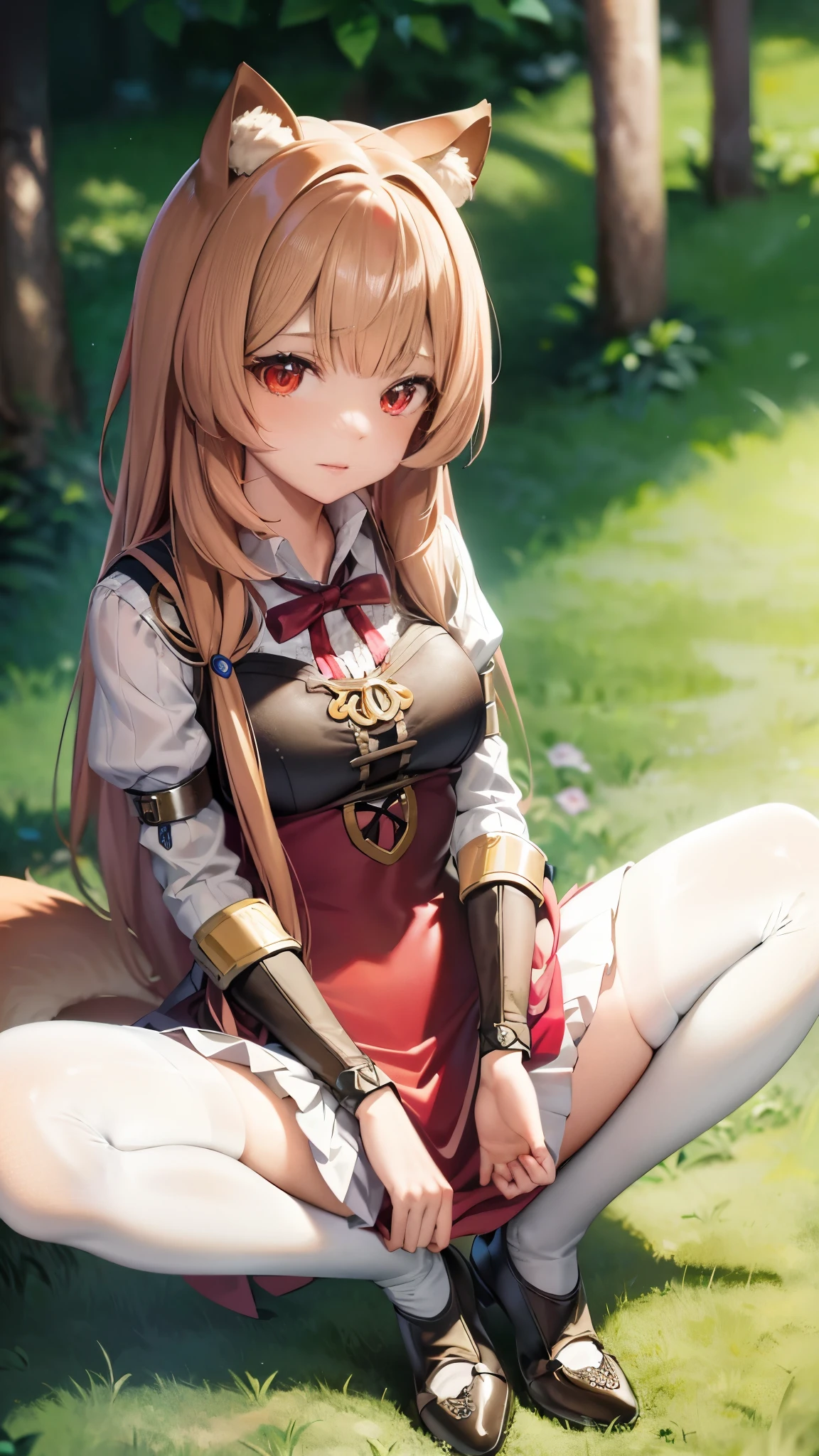 (masterpiece, highest quality), intricate details, 1 girl, Raphtalia, sexy,squatting down、Spread your legs and show off your panties、spread legs,show white panties,animal ears, brown hair, long hair, raccoon ears, a racoon girl, raccoon tail, (red eyes:1.5), tail, ヘスティア コスプ森の中の木の上に座っているlong hairのアニメの女の子, Holo is a werewolf girl, Holo for wolf girl, Kushat Krenz Key Art Women, official character art, shadowverse style, Ayaka Genshin impact, charming cat girl, Beautiful anime cat girl, very beautiful anime cat girl, ayaka game genshin impact, handwriting