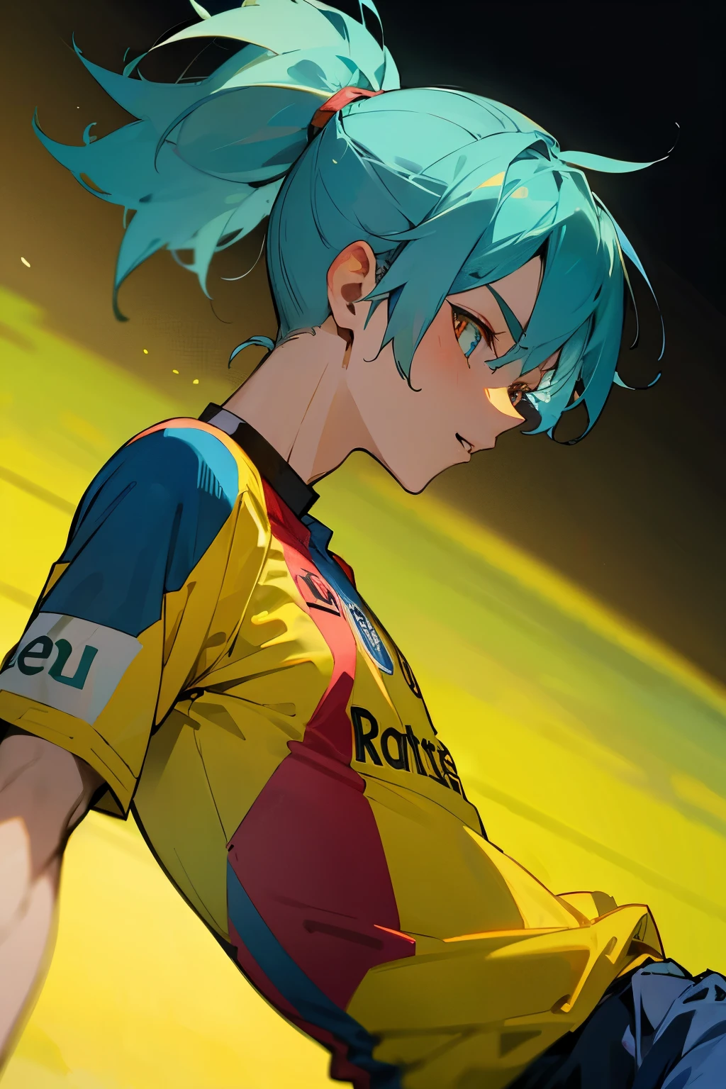 Barcelona jersey, soccer, multicolored green/blue hair, ponytail, young male, golden eyes, soccer field,