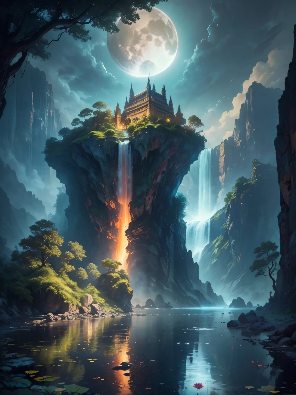 there is a large waterfall in the middle of a mountain, ancient city, epic matte painting of an island, the lost city of atlantis, an aztec city in a island lake, ancient city landscape, lost city of atlantis, marc simonetti. intricate, beautiful concept art, stunning concept art, highly realistic concept art, art style of marc simonetti, (((masterpiece))), best quality, high quality, extremely detailed CG unity 8k wallpaper, scenery, outdoors, sky, cloud, no people, mountain, landscape, water, tree, blue sky, waterfall, cliff, nature, lake, river, cloudy sky,award winning photography, Bokeh, Depth of Field, HDR, bloom, Chromatic Aberration ,Photorealistic,extremely detailed, trending on artstation, trending on CGsociety, Intricate, High Detail, dramatic, art by midjourney, tall waterfall, painting of a river with rocks and trees in the foreground, near a river, landscape, jungle, waterfall, crystal clear water, night light,((full moon)), colorful, river with rocks, rock bridge, epic, fantasy, ((roses and flowers on the banks of the pond)), ((oil painting)), moon landscape reflected in river, ((rock bridge))