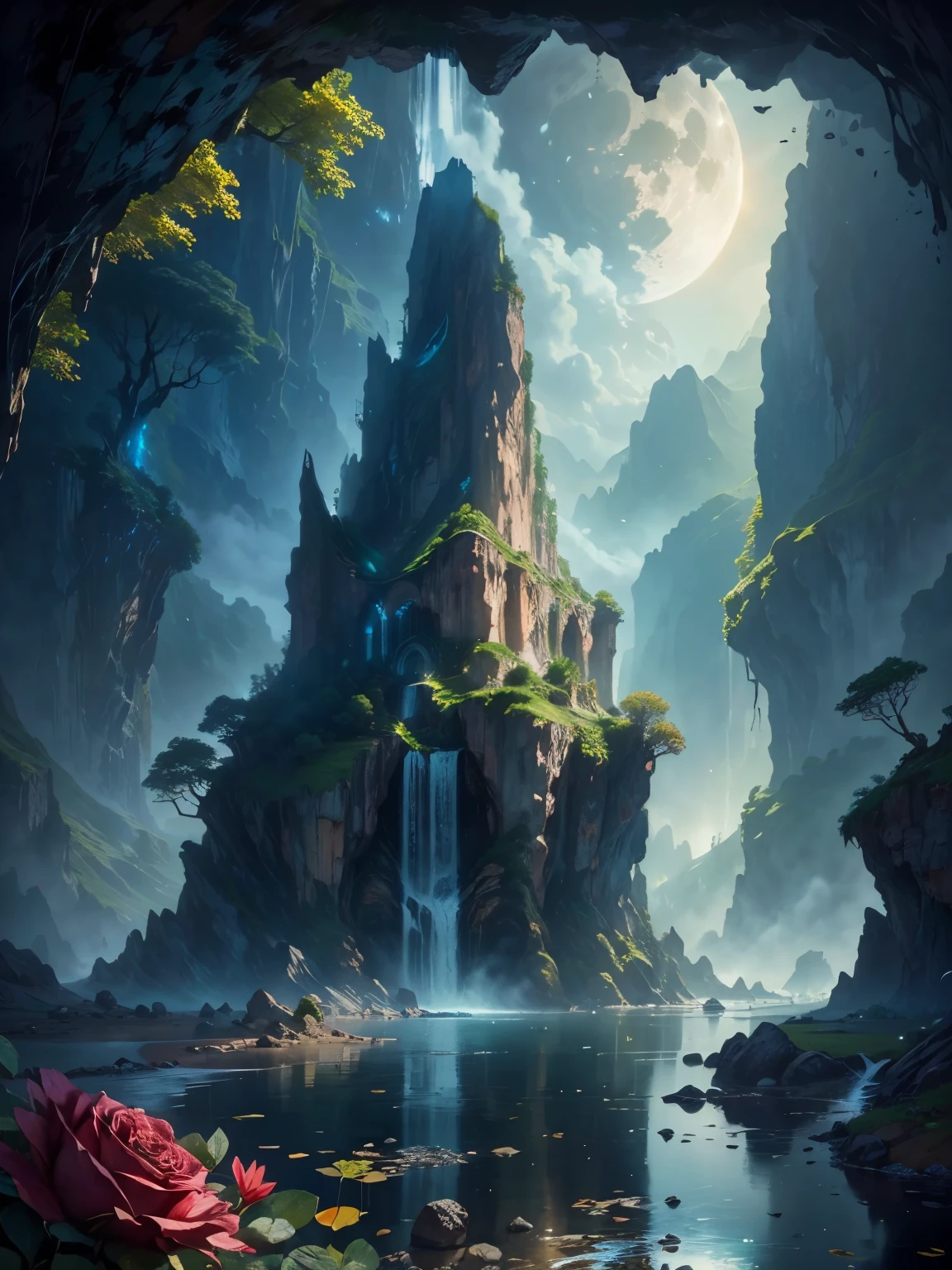 there is a large waterfall in the middle of a mountain, ancient city, epic matte painting of an island, the lost city of atlantis, an aztec city in a island lake, ancient city landscape, lost city of atlantis, marc simonetti. intricate, beautiful concept art, stunning concept art, highly realistic concept art, art style of marc simonetti, (((masterpiece))), best quality, high quality, extremely detailed CG unity 8k wallpaper, scenery, outdoors, sky, cloud, no people, mountain, landscape, water, tree, blue sky, waterfall, cliff, nature, lake, river, cloudy sky,award winning photography, Bokeh, Depth of Field, HDR, bloom, Chromatic Aberration ,Photorealistic,extremely detailed, trending on artstation, trending on CGsociety, Intricate, High Detail, dramatic, art by midjourney, tall waterfall, painting of a river with rocks and trees in the foreground, near a river, landscape, jungle, waterfall, crystal clear water, night light,((full moon)), colorful, river with rocks, rock bridge, epic, fantasy, ((roses and flowers on the banks of the pond)), ((oil painting)), moon landscape reflected in river, ((rock bridge))