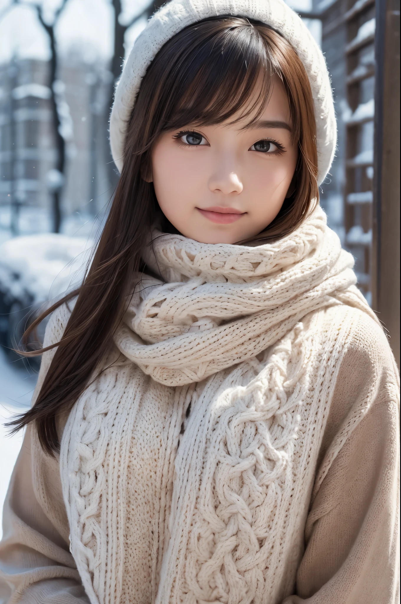 1girl in, (Wear winter clothes:1.2), (Unripe, Best Quality), (Realistic, Photorealsitic:1.4), masutepiece, Extremely delicate and beautiful, Extremely detailed, 2k wallpaper, amazing, finely detail, the Extremely Detailed CG Unity 8K Wallpapers, Ultra-detailed, hight resolution, Soft light, Beautiful detailed girl, extremely detailed eye and face, beautiful detailed nose, Beautiful detailed eyes, Cinematic lighting, Winter scene, Perfect Anatomy, Slender body, rich and big breasts, Straight semi-long hair, Bangs, Looking at Viewer, A slight smil,Brown eyes,big knit hat,thick thick knit muffler,tight pure white turtleneck sweater,Woolen coat,The front of the coat is open,((Scarf Hair)),