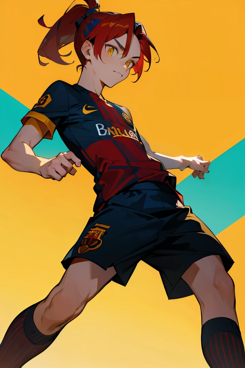 Barcelona jersey, soccer, random multicolored hair, ponytail, young male, golden eyes, soccer field,