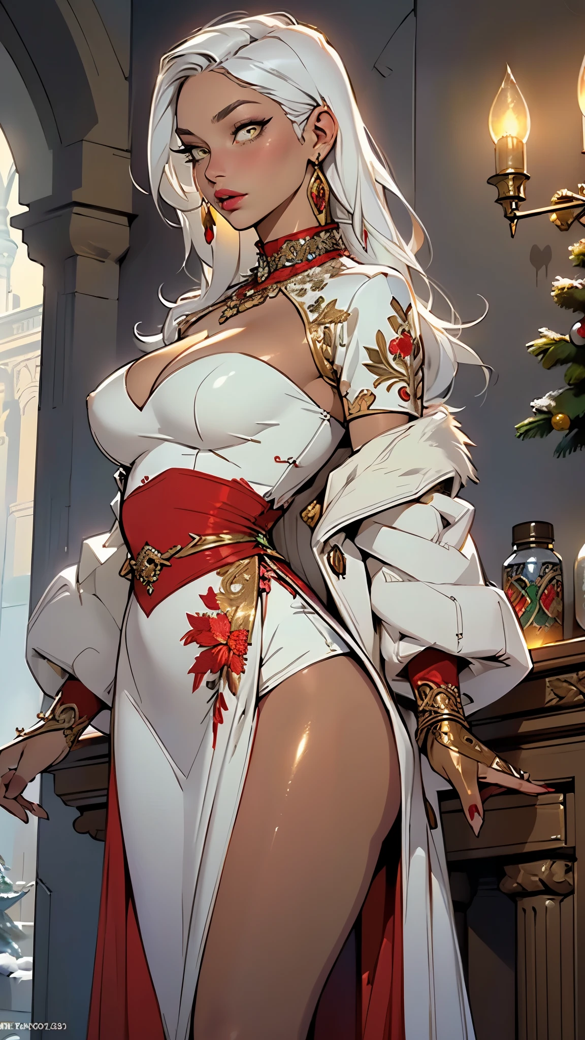 woman,1female,((milf,mom,mature,mature woman,45 years old female,adult)),(large breasts:1.5),saggy breasts,(((white hair:1.4,straight hair,long hair:1.4,colored inner hair))),((yellow_eyes:1.3)),intricate eyes,beautiful detailed eyes,symmetrical eyes,((((dark skin:1.4,lustrous skin:1.5,bright skin: 1.5,skin tanned,shiny skin,very shiny skin,shiny body,illuminated skin)))),(spider lower abdomen,narrow waist,wide hip,bimbo body,inflated legs,thick thighs,delicate detailed fingers),(((detailed face))),

cute,slutty,sensual,seductive look,seductive,((erotic)),opulent,sumptuous,longingly,((nsfw)),

queen,goddess,fantasy,(beautiful winter silver clothes,silver silk),((strapless red dress,very long red skirt,red dress)),(silver clothes),(((ice jewelry,intricate necklace,christmas jewelry,detailed outfit))),cleavage,silver silk,((eyeshadow,elegant makeup,eyelid makeup,gold lips,gold lipstick)),((Transparent cloth:1.1)), (((Sexy white fur coat, white fur coat outfit, wearing a white fur coat:1.3,winter white coat))),red gloves,(((intricate outfit,intricate clothes,embroidered outfit,ornate outfit,embroidered clothes,ornate clothes))),

(dynamic pose:1.0),embarrassed,(centered,scale to fit dimensions,Rule of thirds),

inside,indoor,((cozy gothic room)),scenery:1.25,((intricate scenery)),((winter decorations)),Christmas tree,

(Glossy winter ornaments),highres,sharp focus,(ultra detailed,extremely detailed),(photorealistic artwork:1.37),(extremely detailed CG unity 8k wallpaper),(((vibrant colors,vibrant theme))),(intricate),(masterpiece),(best quality),
