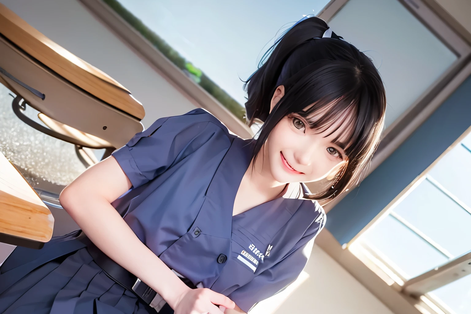 Japan High School Classroom,A female student is sitting on a chair and looking at me.,He wears a white uniform with a blue ribbon on his chest.,Raise your hand a little towards me,Smiling, mouth slightly open,Hair in black ponytail,The color of the skirt is navy blue,２Ｄrealistic anime style,chest is small,Raise your right hand slightly,Left hand on knee,There&#39;s a desk in front of you,The lower body is hidden,The color of the uniform is white,Camera angle is front,Uniform is summer clothes with short sleeves
