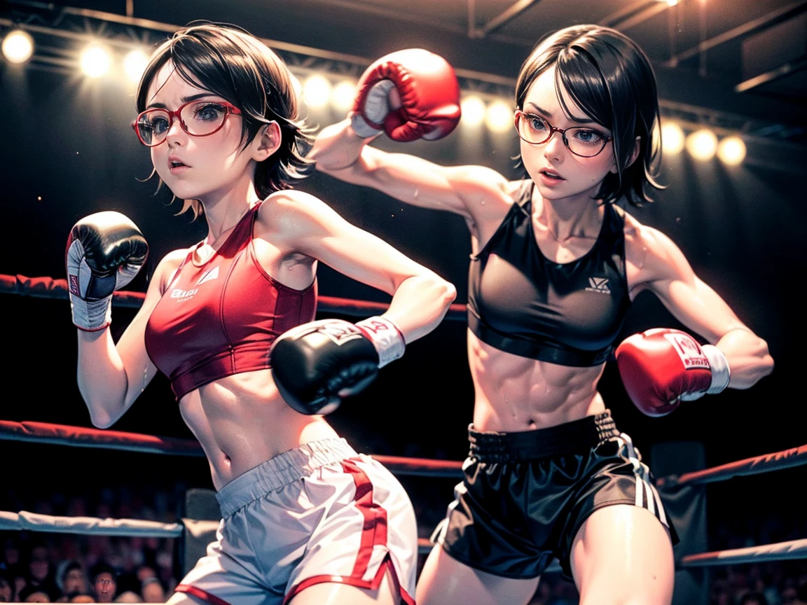 (Original) , (very detailed wallpaper) , (best quality) , (artwork) ,fighting posture, artistic dedication, very detailed illustrations, (1 girl) , beautiful eyes, (Delicate Face) , perfect detail, (better lighting) , (super complex details) , ((Sarada Uchiha, wearing glasses, short hair)) , (aggressive punch) , sweat, Heavy breathing, (oppressive attack) , (Boxing ring) , athletic shorts, perfect detail, perfect fingers, perfect limbs, impact, (shiny skin), abdomen, fitness, muse, posing, photo shoot, artistic shoot, fascinating, charming, waist, boxing shorts, fight, black hair, short hair, short black hair, 4K , black eyes, (magnificent,detailed: 1.2) , (8k: 1.2) , dazzling,enchanting