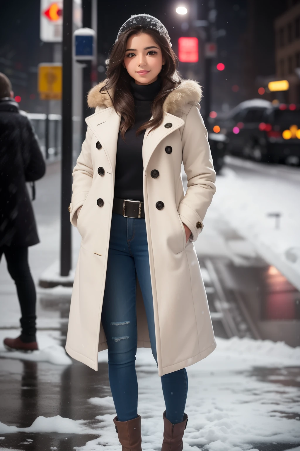 Full body shot of a breathtaking 27-year-old Mexican woman, standing against the backdrop of a New York city subway station during a snowfall. Despite the harsh winter elements, she exudes absolute beauty and radiance. Her long, glossy hair is tucked underneath a warm jacket, framing her stunning face. With a captivating smile, she poses for a picture, her eyes filled with warmth and charm. The snowflakes gently settle on her shoulders and the hem of her coat, adding an ethereal touch to the image. This high-quality photograph, taken with a 4K camera and a 50mm lens, showcases the intricate details of her flawless