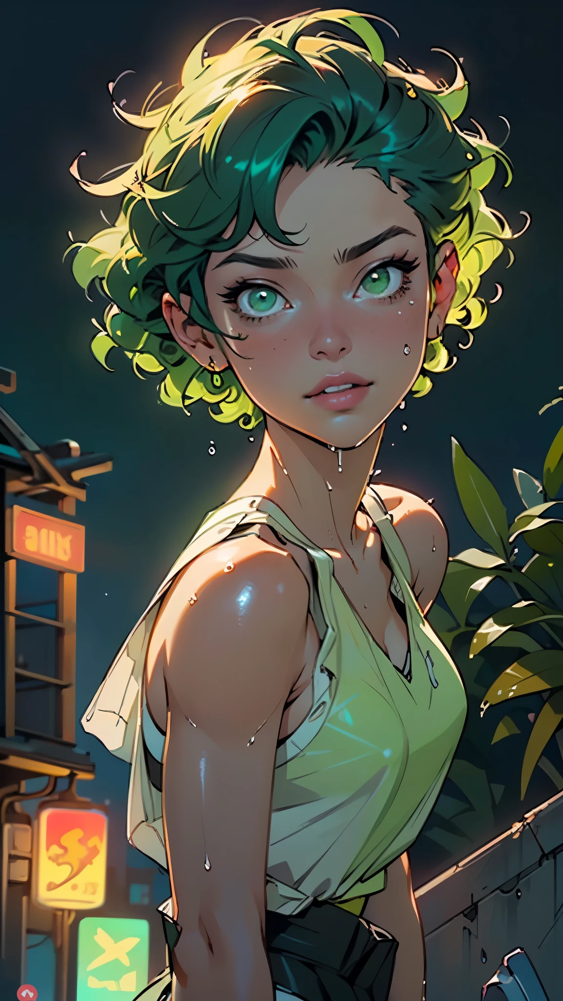 girl youtuber,(((1girl))),((extremely cute and beautiful green curly-haired girl)),
(short breasts:1.4),big butt,(((green curly hair:1.35,very curly hair,colored inner hair,ear breathing,short hair))),(((green_eyes:1.3))),intricate eyes,beautiful detailed eyes,symmetrical eyes,big eyes:1.3,((fat)),(((lustrous skin:1.5,bright skin: 1.5,skin tanned,shiny skin,very shiny skin,shiny body,plastic glitter skin,exaggerated shiny skin,illuminated skin,wet legs))),detailed body,(detailed face),
cute,slutty,seductive,erotic,(((nsfw))),
zettai ryouiki,revealing clothing,show skin,((rave mini-skirt,visible thong straps,white loose tank top with an anime art print)),((wet clothes,intricate outfit,intricate clothes)),
(dynamic pose:1.0),embarrassed,(centered,scale to fit dimensions,Rule of thirds),
cyberpunk city by the ocean at night, with bright neon signs and dark stormy clouds and puddles, scenery:1.25,nighttime, starry night, cosmos,Very dark night that makes the neon lights stand out, very bright neon lights,nighttime, starry night, cosmos,
artistic photography,(photography taken by sldr),highres, sharp focus,(ultra detailed, extremely detailed), (photorealistic artwork:1.37),(extremely detailed CG unity 8k wallpaper),((synthwave background theme)),(((vibrant colors))),intricate,(intricate background),(masterpiece),(best quality),perfect rendered face,perfect face details,realistic face,photo realistic,analog style,((intricate detail)),(((realism))),
