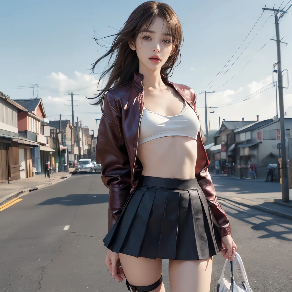 masterpiece、(((Beautiful crotch of a )))、Jacket、(((Her flared miniskirt flies up in the wind and she wears no panties.)))、(((go out、outdoor))、((exposed girl))、detailed eyes、超High resolution(reality:1.4)very beautiful, beautiful skin, slender,slender body、small waist、small breasts、small breasts、((Are thin、concave abdomen))、thin and long legs、 (Super realistic), (High resolution), (8K), (very detailed), (Super detailed), details face,、NSFW、lascivious、The lower body looks obscene、Walking hand in hand in Asakusa