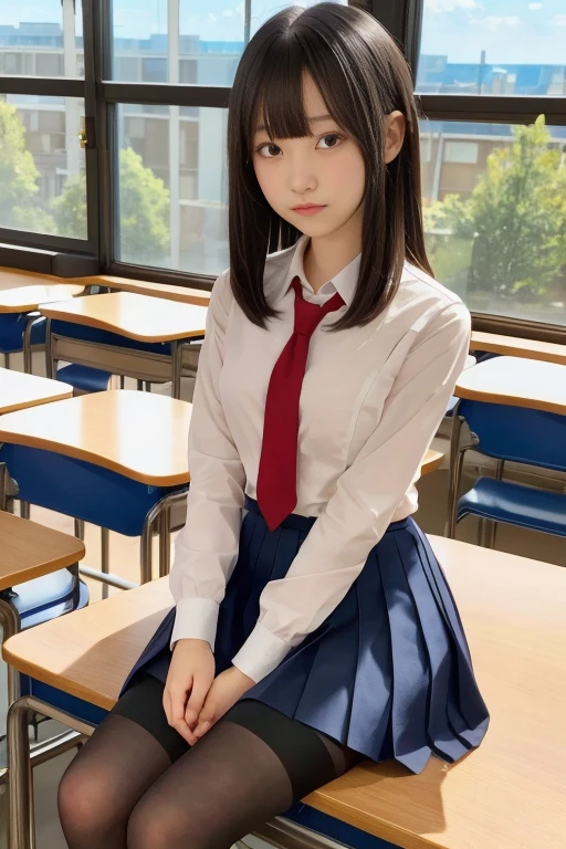 masterpiece, highest quality, ultra high resolution, figure, colorful, flat color, Depth of bounds written, Lens flare, one girl, anime, sitting, black hair, looking at the viewer, School, classroom, pleated mini skirt , school uniform, seraphuk, black pantyhose, fine texture, fine cloth texture, beautiful detailed face,