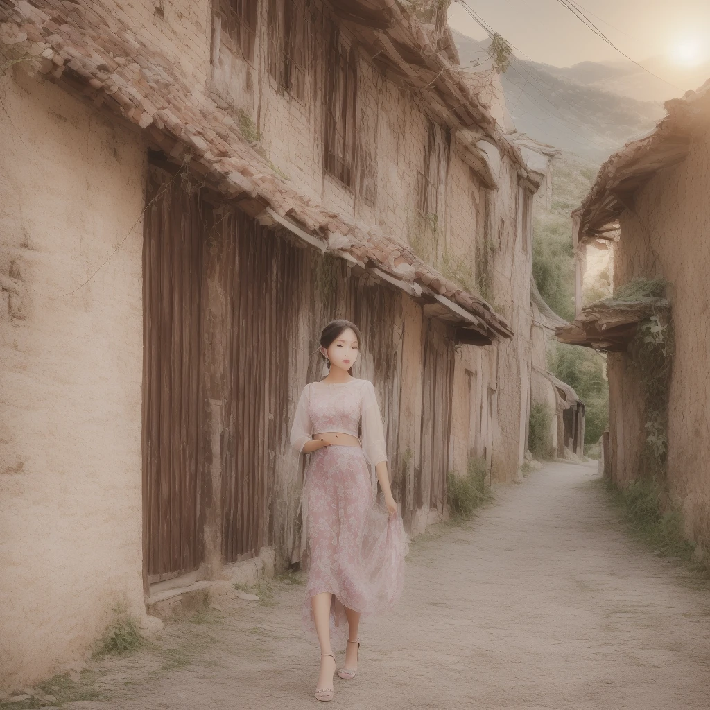 Thai woman, 24 years old,Traditional Thai costume,walking on the road,In the Thai countryside,sunlight