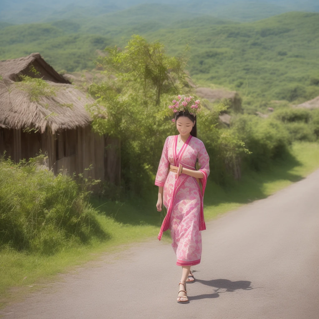 Thai woman, 24 years old,Traditional Thai costume,walking on the road,In the Thai countryside,sunlight
