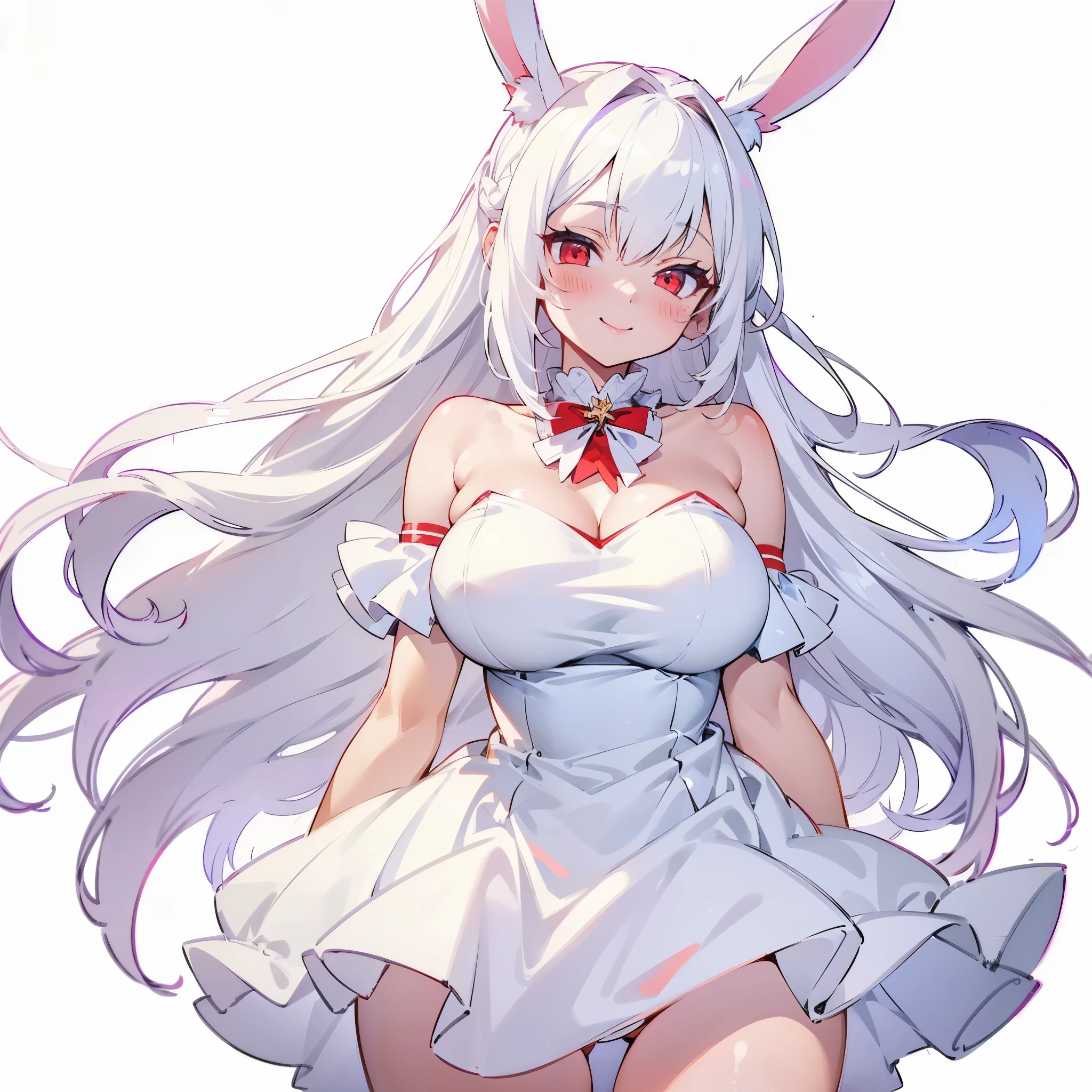 1girl, long straight white hair, red eyes, bunny ears, bunny tail, huge breast, white bustier dress, blush, smile, solo, best quality, masterpiece, portrait, simple background, looking at the camera, from the front, detailed, perfect anatomy, detailed art, high definition, 4k, high resolution