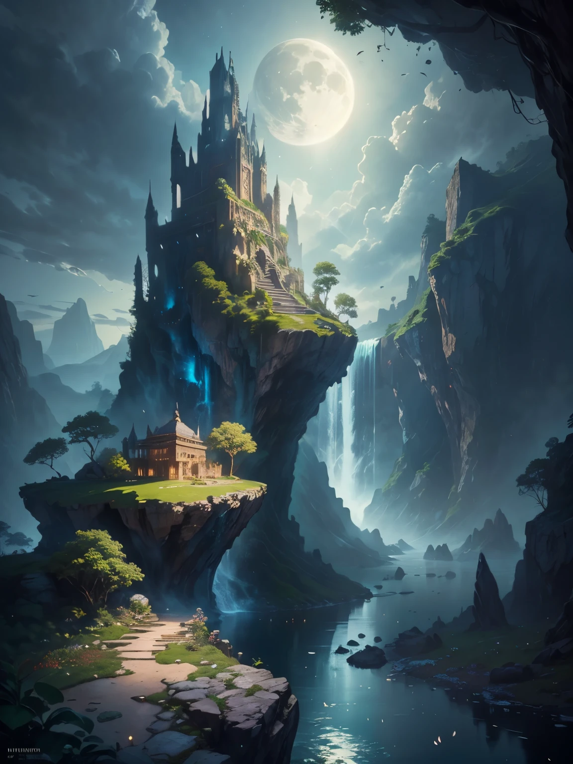 there is a large waterfall in the middle of a mountain, ancient city, epic matte painting of an island, the lost city of atlantis, an aztec city in a island lake, ancient city landscape, lost city of atlantis, marc simonetti. intricate, beautiful concept art, stunning concept art, highly realistic concept art, art style of marc simonetti, (((masterpiece))), best quality, high quality, extremely detailed CG unity 8k wallpaper, scenery, outdoors, sky, cloud, no people, mountain, landscape, water, tree, blue sky, waterfall, cliff, nature, lake, river, cloudy sky,award winning photography, Bokeh, Depth of Field, HDR, bloom, Chromatic Aberration ,Photorealistic,extremely detailed, trending on artstation, trending on CGsociety, Intricate, High Detail, dramatic, art by midjourney, tall waterfall, painting of a river with rocks and trees in the foreground, near a river, landscape, jungle, waterfall, crystal clear water, night light,((full moon)), colorful, river with rocks, rock bridge, epic, fantasy, ((roses and flowers on the banks of the pond)), ((oil painting)), moon landscape reflected in river, ((rock bridge))