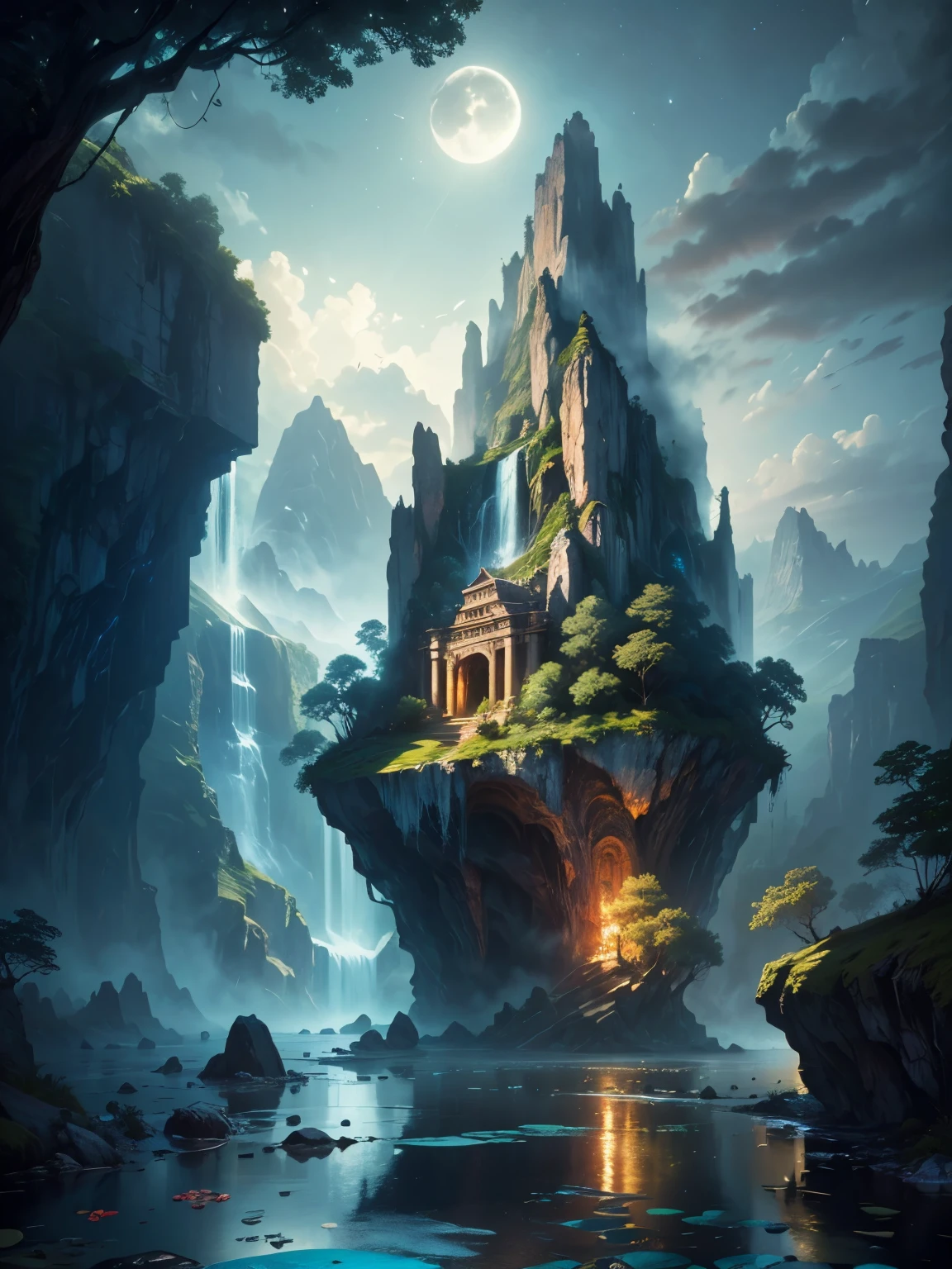 there is a large waterfall in the middle of a mountain, ancient city, epic matte painting of an island, the lost city of atlantis, an aztec city in a island lake, ancient city landscape, lost city of atlantis, marc simonetti. intricate, beautiful concept art, stunning concept art, highly realistic concept art, art style of marc simonetti, (((masterpiece))), best quality, high quality, extremely detailed CG unity 8k wallpaper, scenery, outdoors, sky, cloud, no people, mountain, landscape, water, tree, blue sky, waterfall, cliff, nature, lake, river, cloudy sky,award winning photography, Bokeh, Depth of Field, HDR, bloom, Chromatic Aberration ,Photorealistic,extremely detailed, trending on artstation, trending on CGsociety, Intricate, High Detail, dramatic, art by midjourney, tall waterfall, painting of a river with rocks and trees in the foreground, near a river, landscape, jungle, waterfall, crystal clear water, night light,((full moon)), colorful, river with rocks, rock bridge, epic, fantasy, ((roses and flowers on the banks of the pond)), ((oil painting)), moon landscape reflected in river, ((rock bridge))