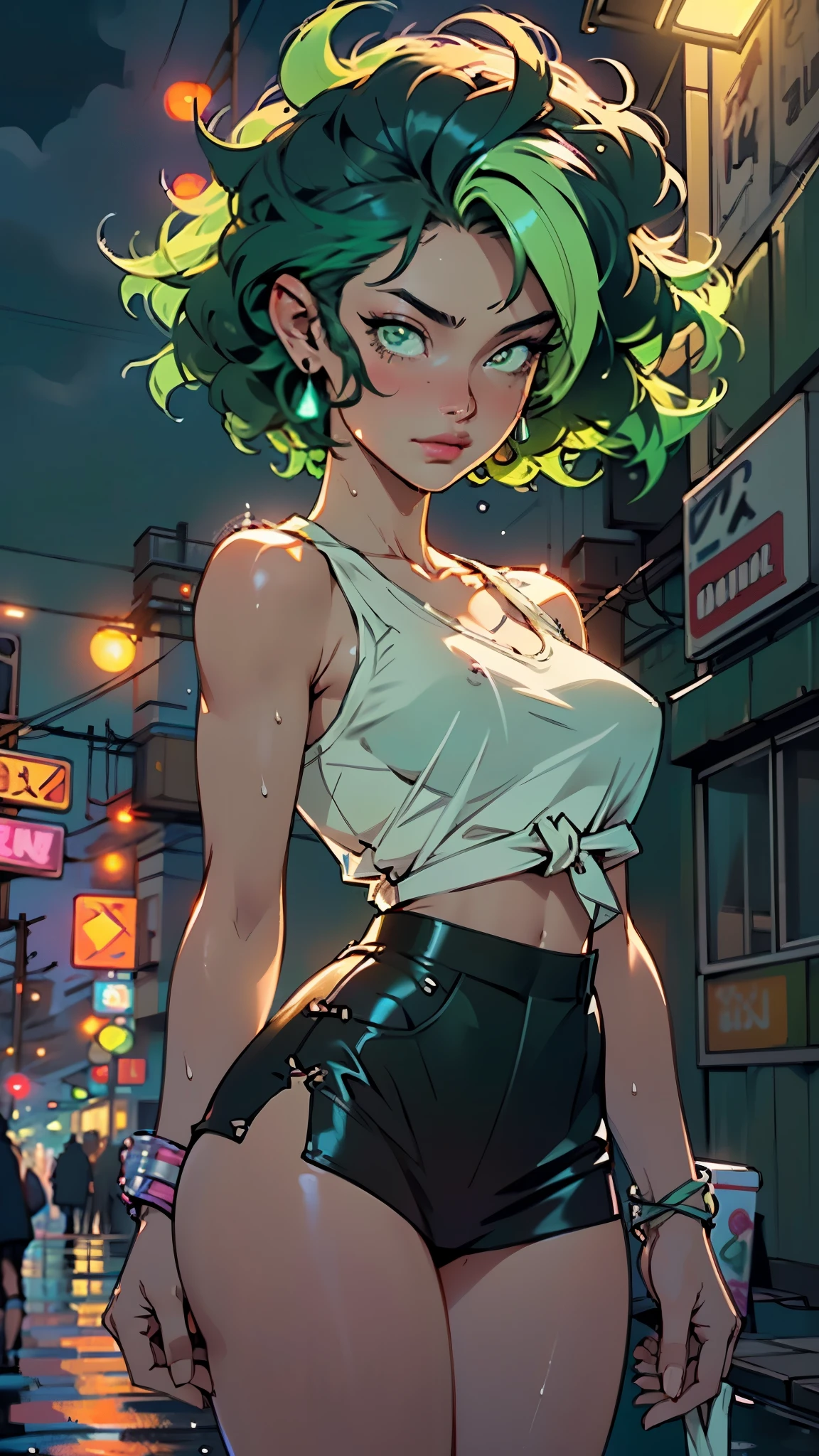 girl youtuber,(((1girl))),((extremely cute and beautiful green curly-haired girl)),
(short breasts:1.4),big butt,(((green curly hair:1.35,very curly hair,colored inner hair,ear breathing,short hair))),(((green_eyes:1.3))),intricate eyes,beautiful detailed eyes,symmetrical eyes,big eyes:1.3,((fat)),(((lustrous skin:1.5,bright skin: 1.5,skin tanned,shiny skin,very shiny skin,shiny body,plastic glitter skin,exaggerated shiny skin,illuminated skin,wet legs))),detailed body,(detailed face),
cute,slutty,seductive,erotic,(((nsfw))),
zettai ryouiki,revealing clothing,show skin,((rave mini-skirt,visible thong straps,white loose tank top with an anime art print)),((wet clothes,intricate outfit,intricate clothes)),
(dynamic pose:1.0),embarrassed,(centered,scale to fit dimensions,Rule of thirds),
cyberpunk city by the ocean at night, with bright neon signs and dark stormy clouds and puddles, scenery:1.25,nighttime, starry night, cosmos,Very dark night that makes the neon lights stand out, very bright neon lights,nighttime, starry night, cosmos,
artistic photography,(photography taken by sldr),highres, sharp focus,(ultra detailed, extremely detailed), (photorealistic artwork:1.37),(extremely detailed CG unity 8k wallpaper),((synthwave background theme)),(((vibrant colors))),intricate,(intricate background),(masterpiece),(best quality),perfect rendered face,perfect face details,realistic face,photo realistic,analog style,((intricate detail)),(((realism))),