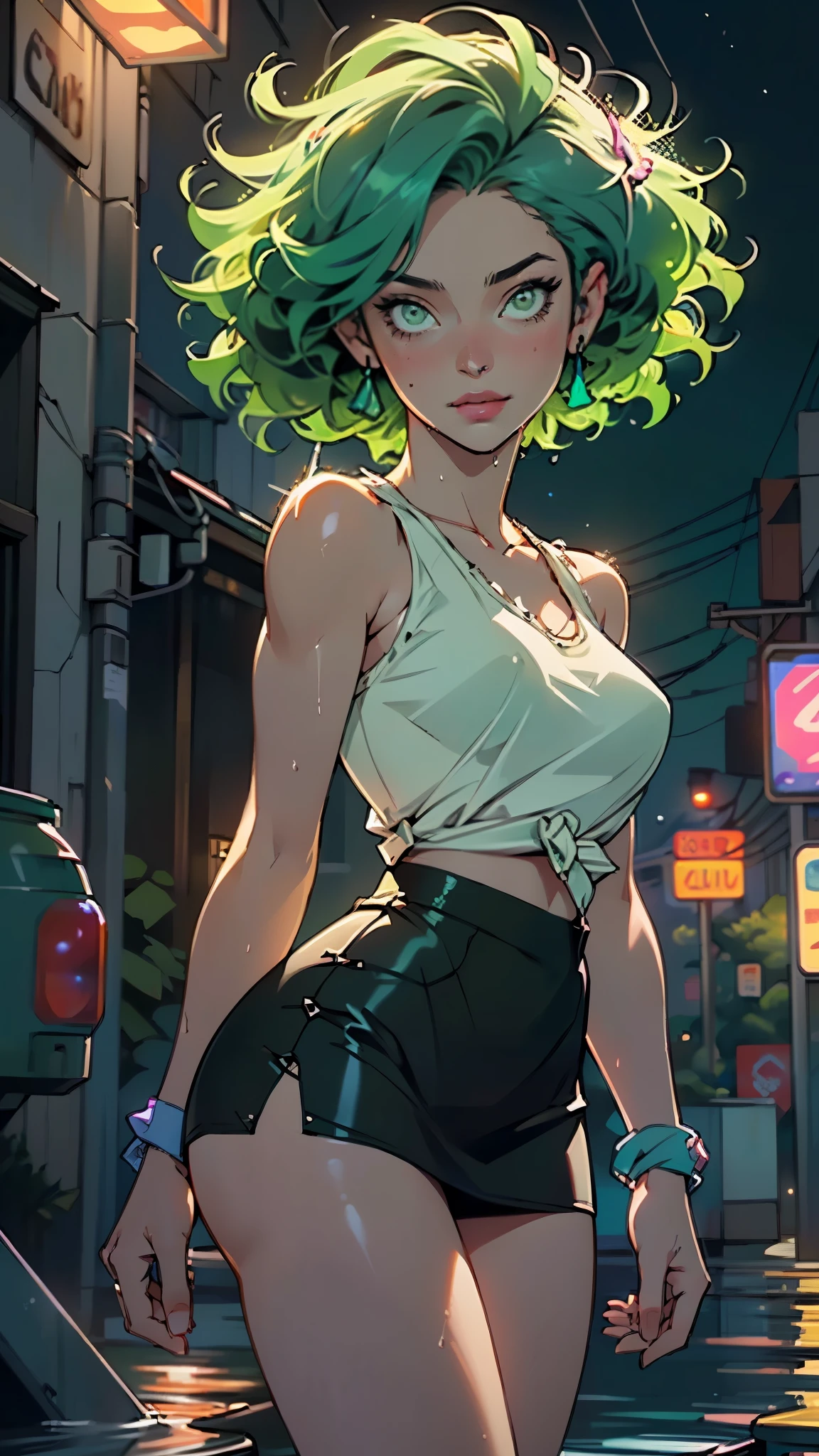 girl youtuber,(((1girl))),((extremely cute and beautiful green curly-haired girl)),
(short breasts:1.4),big butt,(((green curly hair:1.35,very curly hair,colored inner hair,ear breathing,short hair))),(((green_eyes:1.3))),intricate eyes,beautiful detailed eyes,symmetrical eyes,big eyes:1.3,((fat)),(((lustrous skin:1.5,bright skin: 1.5,skin tanned,shiny skin,very shiny skin,shiny body,plastic glitter skin,exaggerated shiny skin,illuminated skin,wet legs))),detailed body,(detailed face),
cute,slutty,seductive,erotic,(((nsfw))),
zettai ryouiki,revealing clothing,show skin,((rave mini-skirt,visible thong straps,white loose tank top with an anime art print)),((wet clothes,intricate outfit,intricate clothes)),
(dynamic pose:1.0),embarrassed,(centered,scale to fit dimensions,Rule of thirds),
cyberpunk city by the ocean at night, with bright neon signs and dark stormy clouds and puddles, scenery:1.25,nighttime, starry night, cosmos,Very dark night that makes the neon lights stand out, very bright neon lights,nighttime, starry night, cosmos,
artistic photography,(photography taken by sldr),highres, sharp focus,(ultra detailed, extremely detailed), (photorealistic artwork:1.37),(extremely detailed CG unity 8k wallpaper),((synthwave background theme)),(((vibrant colors))),intricate,(intricate background),(masterpiece),(best quality),perfect rendered face,perfect face details,realistic face,photo realistic,analog style,((intricate detail)),(((realism))),