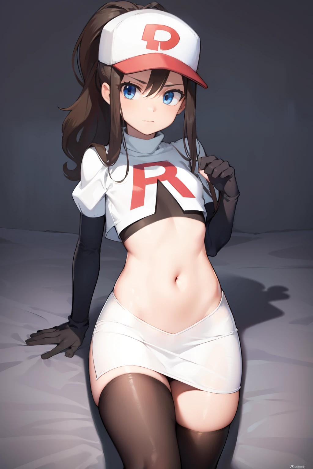 pokemonhilda, pokemonhilda, blue eyes, brown hair, long hair, ponytail, (small breasts:1.2),
BREAK baseball cap, hat, team rocket,team rocket uniform, red letter R, white skirt,white crop top,black thigh-highs,black elbow gloves
BREAK looking at viewer,
BREAK (masterpiece:1.2), best quality, high resolution, unity 8k wallpaper, (illustration:0.8), (beautiful detailed eyes:1.6), extremely detailed face, perfect lighting, extremely detailed CG, (perfect hands, perfect anatomy),