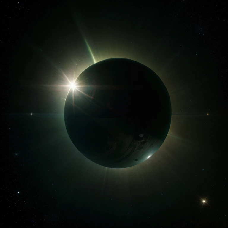 Outer space with a dark greenish tone and a small star far away 