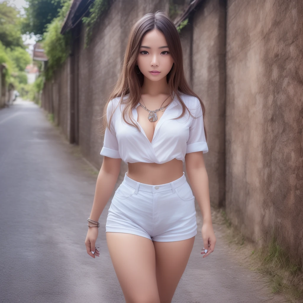 4k, June scenery, beautiful woman, long hair, brown hair, Medium bust, blue eyes, white shirt, Hot Pants, neon red heart necklace, look at viewer, nighttime, colorful hydrangeas,Thai woman, 24 years old,Traditional Thai costume,walking on the road,In the Thai countryside,sunlight