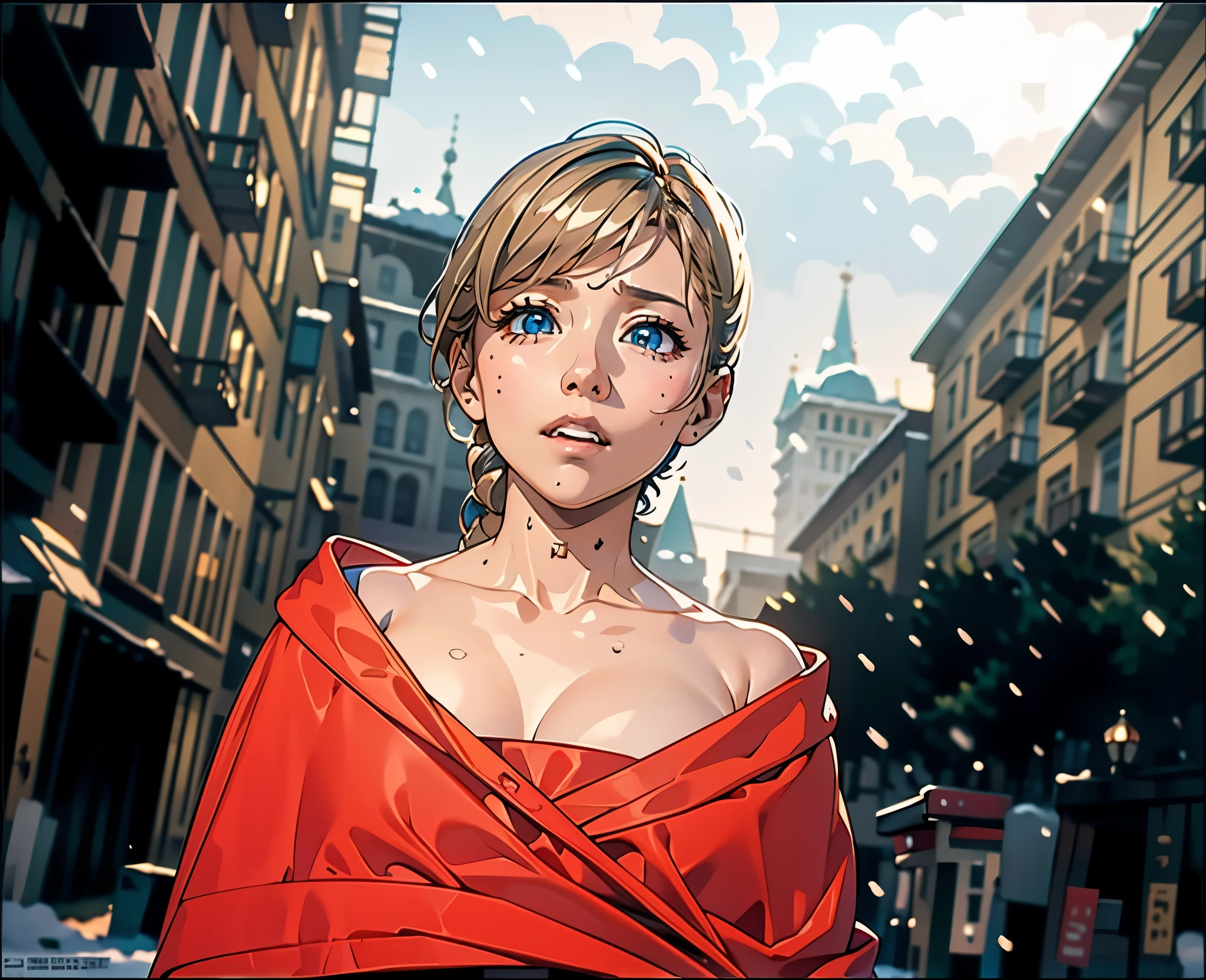 (table top), sexy、Natural light, realistic diffused glow, professional lighting、Shine a spotlight on a person&#39;s large eyes、eyes are blue、blonde、Russia、live、sad expression、in the snow、that&#39;It&#39;s snowing、