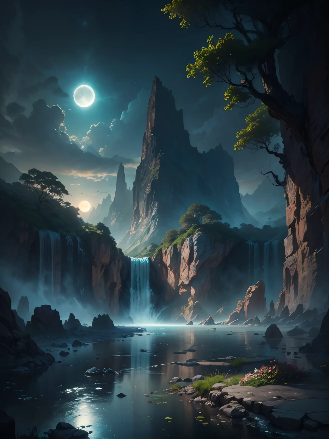 there is a large waterfall in the middle of a mountain, ancient city, epic matte painting of an island, the lost city of atlantis, an aztec city in a island lake, ancient city landscape, lost city of atlantis, marc simonetti. intricate, beautiful concept art, stunning concept art, highly realistic concept art, art style of marc simonetti, (((masterpiece))), best quality, high quality, extremely detailed CG unity 8k wallpaper, scenery, outdoors, sky, cloud, no people, mountain, landscape, water, tree, blue sky, waterfall, cliff, nature, lake, river, cloudy sky,award winning photography, Bokeh, Depth of Field, HDR, bloom, Chromatic Aberration ,Photorealistic,extremely detailed, trending on artstation, trending on CGsociety, Intricate, High Detail, dramatic, art by midjourney, tall waterfall, painting of a river with rocks and trees in the foreground, near a river, landscape, jungle, waterfall, crystal clear water, night light,((full moon)), colorful, river with rocks, rock bridge, epic, fantasy, ((roses and flowers on the banks of the pond)), ((oil painting)), moon landscape reflected in river, ((rock bridge))