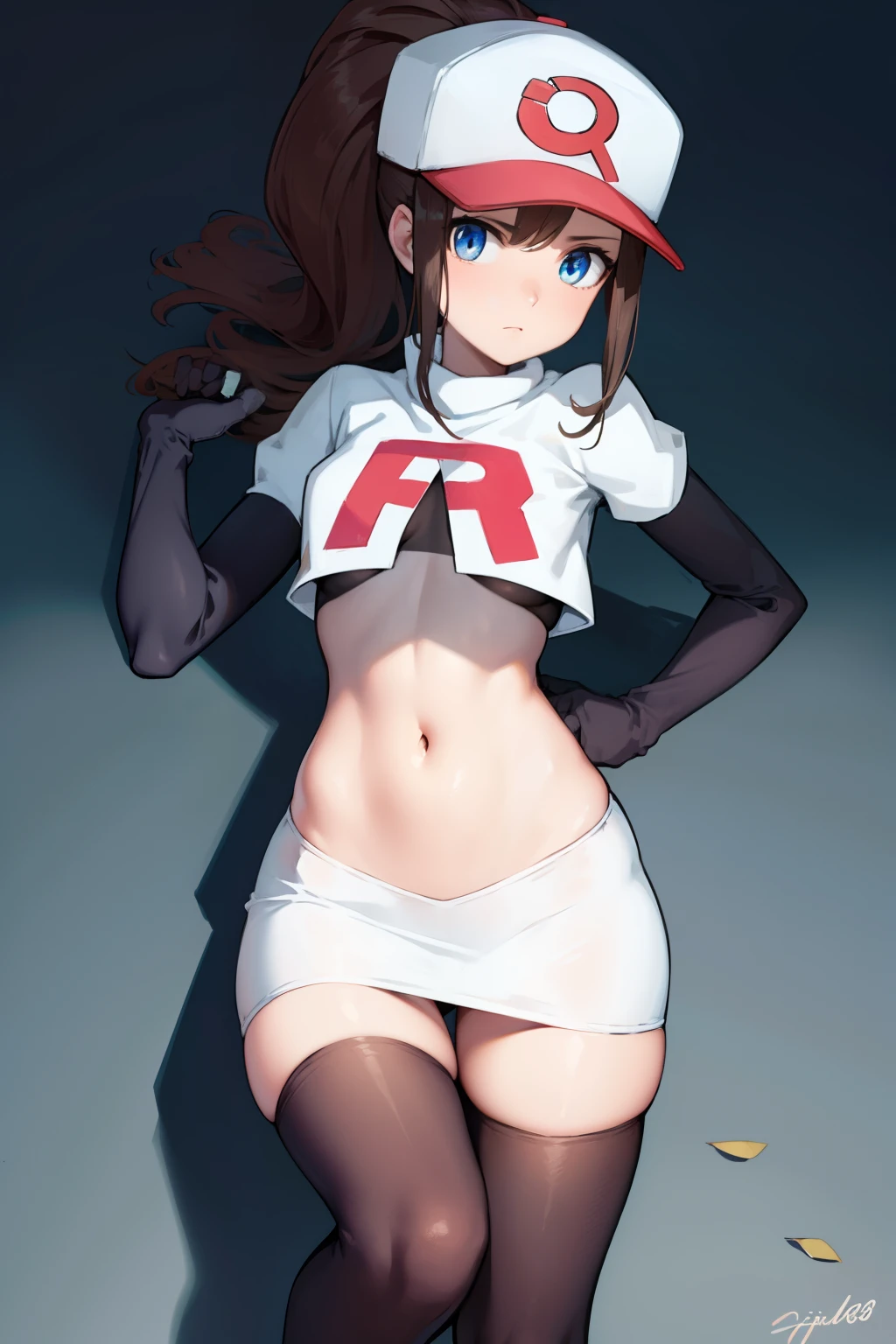 pokemonhilda, pokemonhilda, blue eyes, brown hair, long hair, ponytail, (small breasts:1.2),
BREAK baseball cap, hat, team rocket,team rocket uniform, red letter R, white skirt,white crop top,black thigh-highs,black elbow gloves
BREAK looking at viewer,
BREAK (masterpiece:1.2), best quality, high resolution, unity 8k wallpaper, (illustration:0.8), (beautiful detailed eyes:1.6), extremely detailed face, perfect lighting, extremely detailed CG, (perfect hands, perfect anatomy),