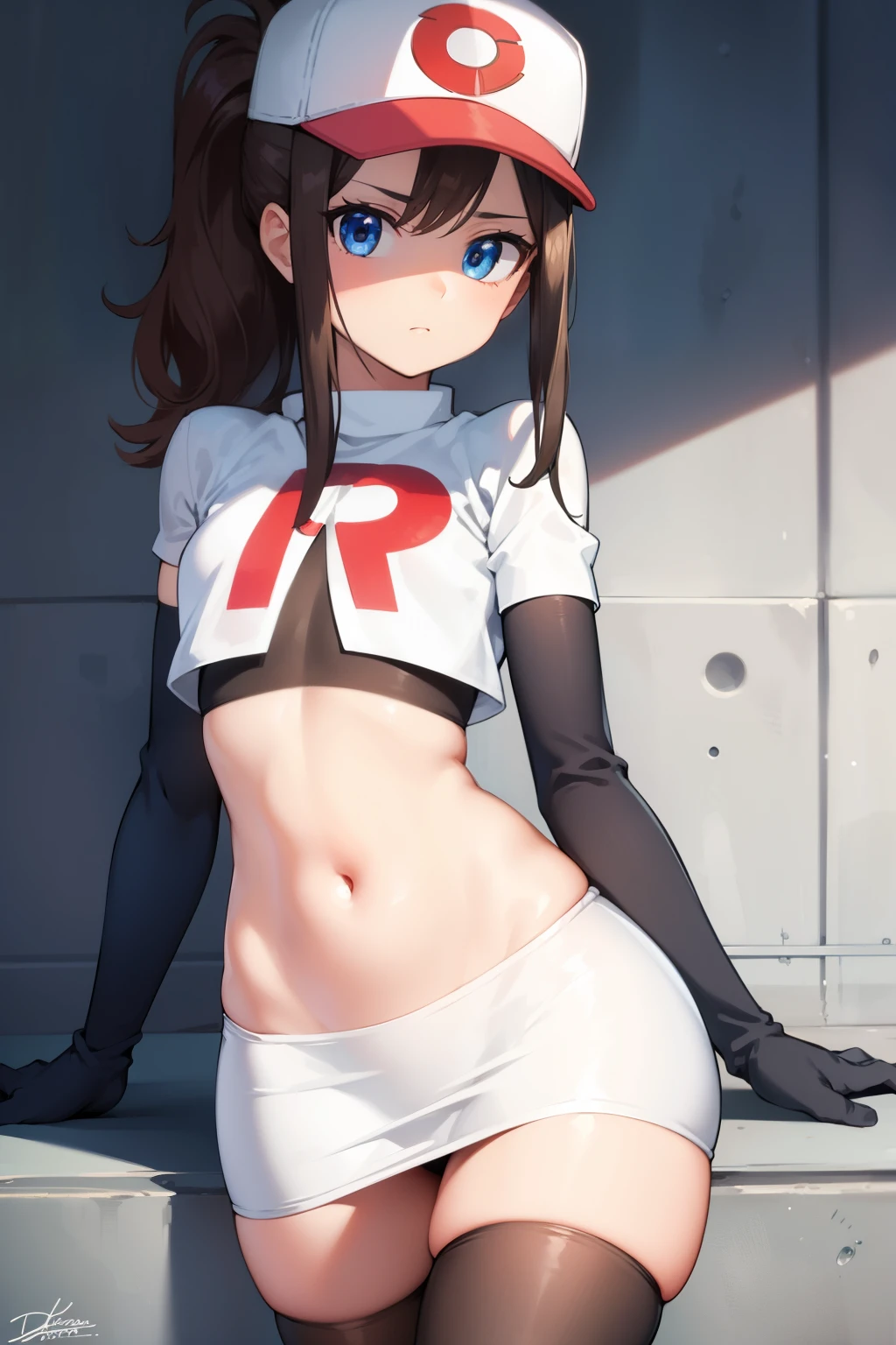 pokemonhilda, pokemonhilda, blue eyes, brown hair, long hair, ponytail, (small breasts:1.2),
BREAK baseball cap, hat, team rocket,team rocket uniform, red letter R, white skirt,white crop top,black thigh-highs,black elbow gloves
BREAK looking at viewer,
BREAK (masterpiece:1.2), best quality, high resolution, unity 8k wallpaper, (illustration:0.8), (beautiful detailed eyes:1.6), extremely detailed face, perfect lighting, extremely detailed CG, (perfect hands, perfect anatomy),