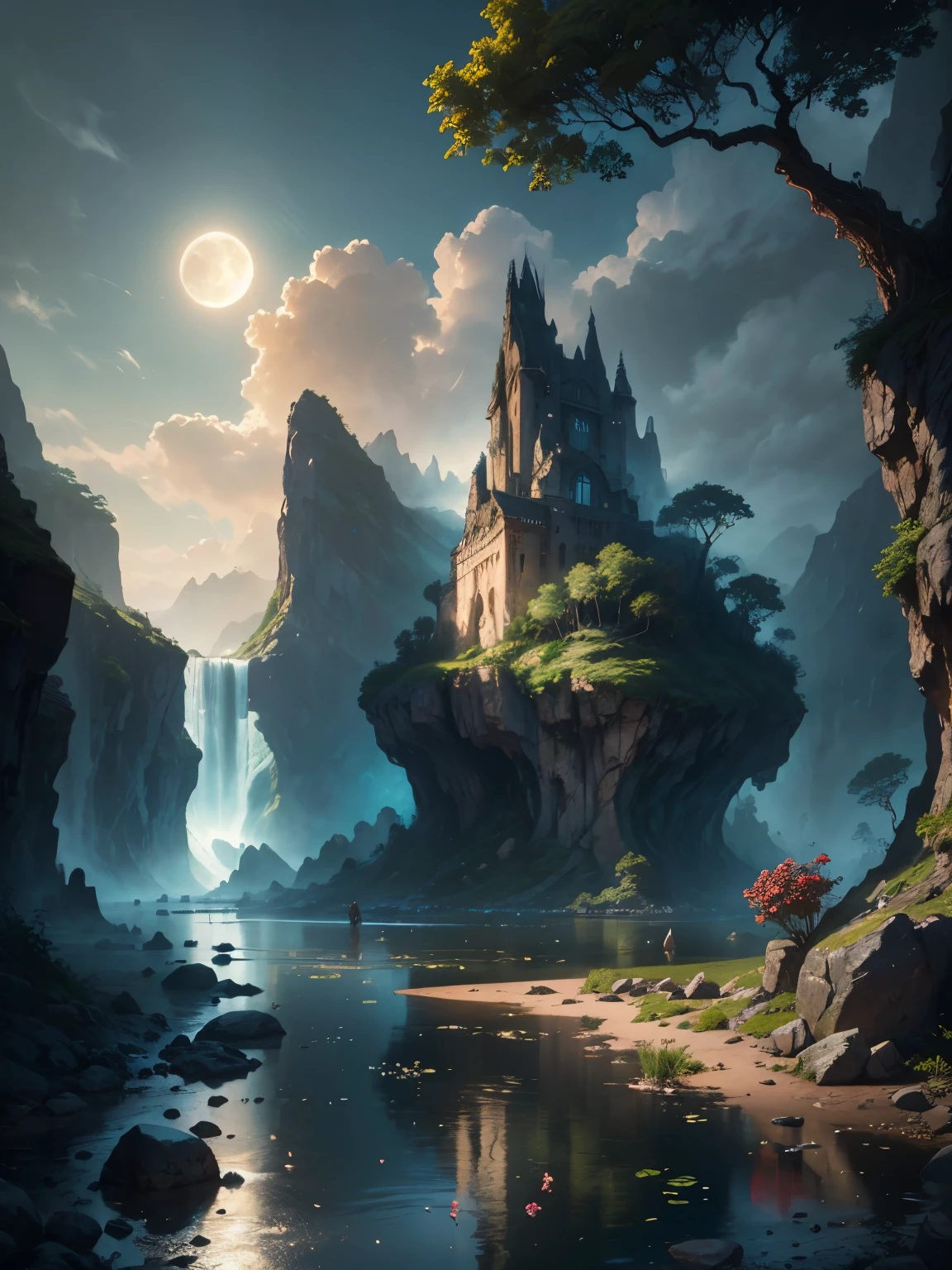 there is a large waterfall in the middle of a mountain, ancient city, epic matte painting of an island, the lost city of atlantis, an aztec city in a island lake, ancient city landscape, lost city of atlantis, marc simonetti. intricate, beautiful concept art, stunning concept art, highly realistic concept art, art style of marc simonetti, (((masterpiece))), best quality, high quality, extremely detailed CG unity 8k wallpaper, scenery, outdoors, sky, cloud, no people, mountain, landscape, water, tree, blue sky, waterfall, cliff, nature, lake, river, cloudy sky,award winning photography, Bokeh, Depth of Field, HDR, bloom, Chromatic Aberration ,Photorealistic,extremely detailed, trending on artstation, trending on CGsociety, Intricate, High Detail, dramatic, art by midjourney, tall waterfall, painting of a river with rocks and trees in the foreground, near a river, landscape, jungle, waterfall, crystal clear water, night light,((full moon)), colorful, river with rocks, rock bridge, epic, fantasy, ((roses and flowers on the banks of the pond)), ((oil painting)), moon landscape reflected in river, ((rock bridge))