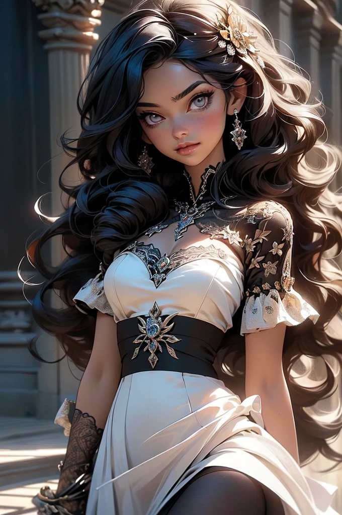 (((Cabelo preto, [Olhos realistas perfeitos])))), ultra realista 8k cg, rosto perfeito, perfeito, limpar, obra de arte, Arte profissional, Arte famosa, cinematic lighting, Cinematic Flower, rosto perfeito, Rosto bonito, olhos lindos, (((corpo feminino perfeito, Cintura estreita))), rainha bonita, real, divino, deusa, (real paRENDA), Fantasia, sonhe como, irreal, Science fiction, (seios enormes), roupas bonitas, RENDA, RENDA trim,  legwear rendado, NSFW, Seios para fora, cabelo absurdamente longo, cabelo muito comprido, (Rico: 1.4), prestige, luxo, detalhe intrincado, delicate pattern, sexy, encantador, sedutor, sedutor, erotic, encantador, olhando para o espectador