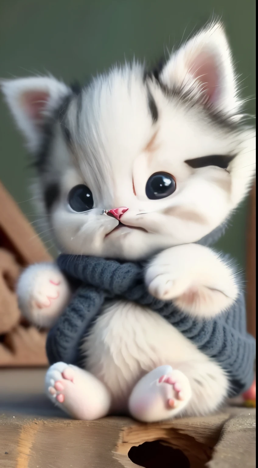 kitten in clothes, detailed paws、Cute Paw、miniature kitten, Animal focus, bearded, realistic, POV Hand, ambiguous background,smile,interesting、