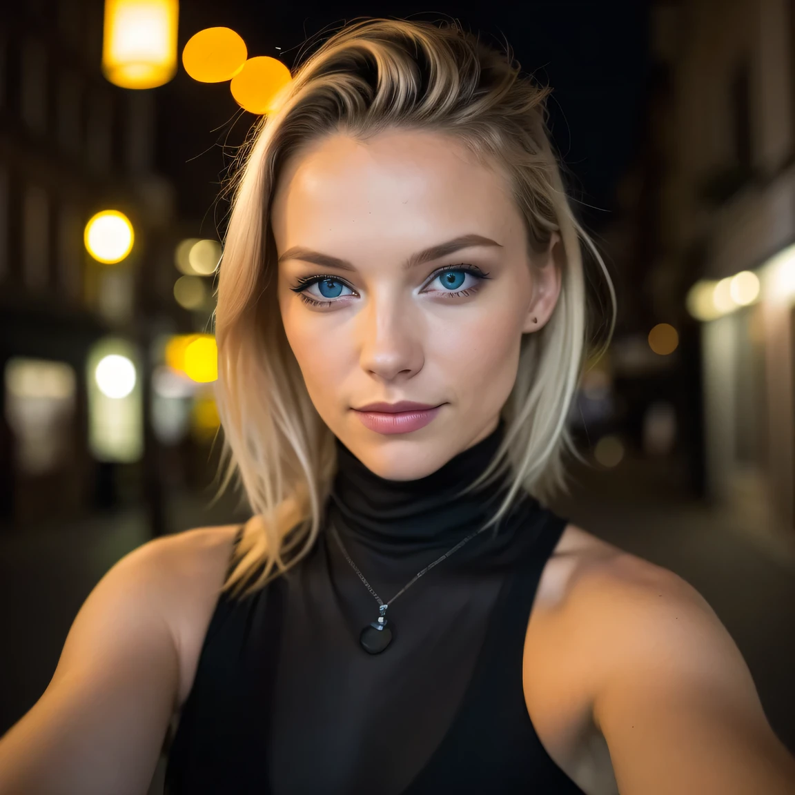 (Selfie, Draufsicht: 1.4), (straight half of the body: 1.4), RAW UHD portrait photo of a 24-year-old blonde (Blue-eyed woman) Eine dunkle Gasse entlanggehen, big ,, Stadt bei Nacht, (Rock), (Ausschnitt), Details (Gewebe! , Haar! , Glitzer, Farbe!! , Benachteiligungen: 1.1), shiny eyes with high level of detail (Blick in die Kamera), SLR-Beleuchtung, Spiegelreflexkamera, ultra quality, Sharpness, Depth of field, Filmkorn (Mitte), Fujifilm XT3, kristallklar, Rahmenmitte, Beautiful face, Scharfer Fokus, Streetlight, Neonbeleuchtung, bokeh (schwach beleuchtet), Nacht, (Nachthimmel), Detaillierte Hautporen, Oily skin, Sonnenbrand, Komplexe AugenDetails, full entire body, big