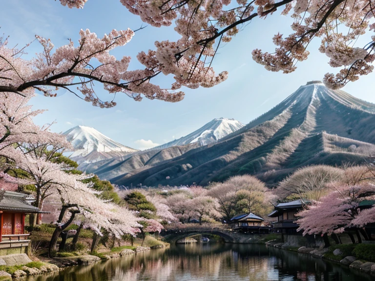 Japan nature scenery with sakura bloom and mountains. Watercolor, zen. AI generative